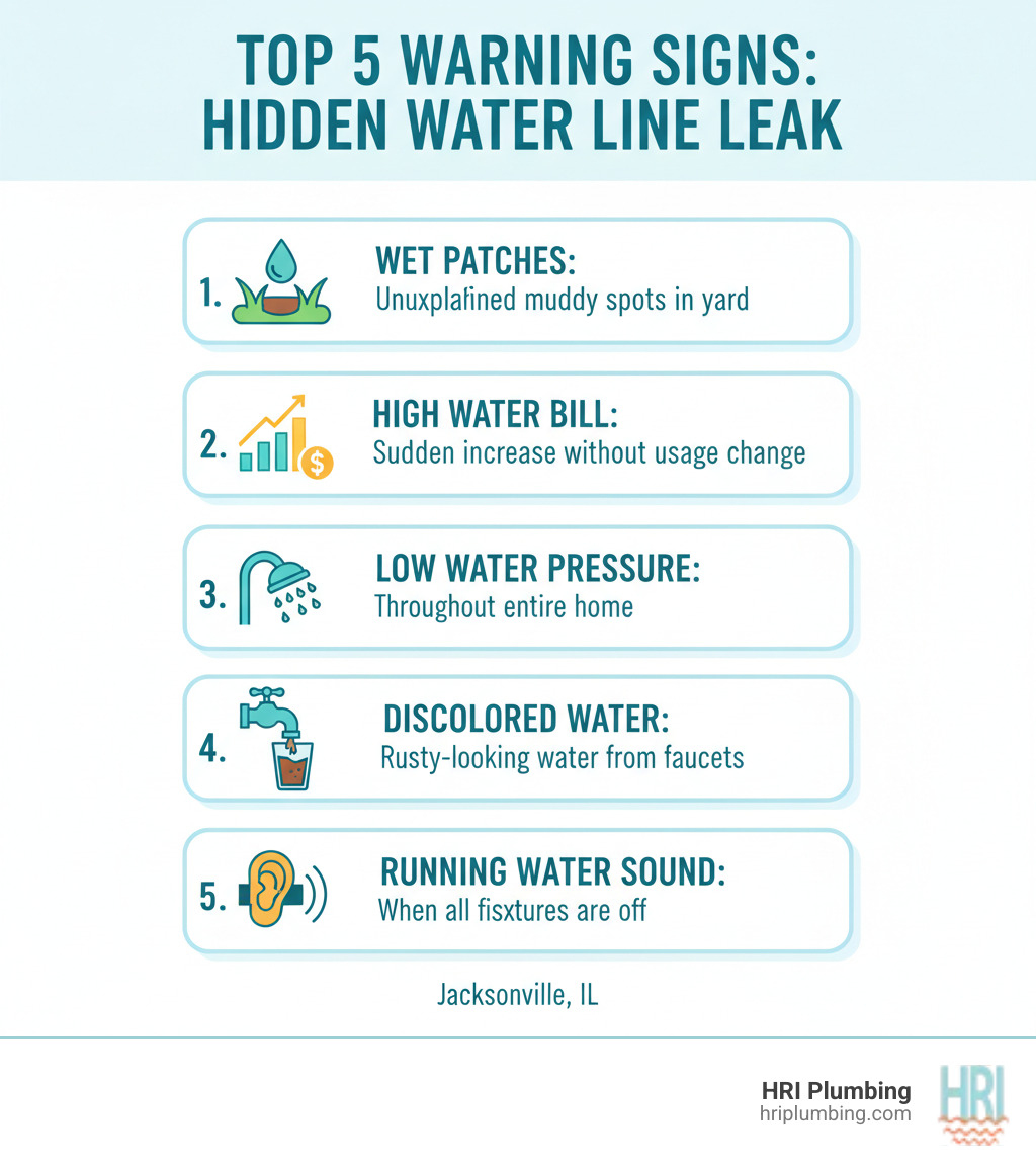 Infographic showing the top 5 warning signs of a hidden water line leak: 1) Unexplained wet or muddy patches in your yard that won't dry out, 2) A sudden increase in your monthly water bill without increased usage, 3) Low water pressure throughout your entire home, 4) Discolored or rusty-looking water from multiple faucets, 5) The sound of running water when all fixtures are turned off - water line repair jacksonville il infographic Infographic showing the top 5 warning signs of a hidden water line leak: 1) Unexplained wet or muddy patches in your yard that won't dry out, 2) A sudden increase in your monthly water bill without increased usage, 3) Low water pressure throughout your entire home, 4) Discolored or rusty-looking water from multiple faucets, 5) The sound of running water when all fixtures are turned off - water line repair jacksonville il infographic