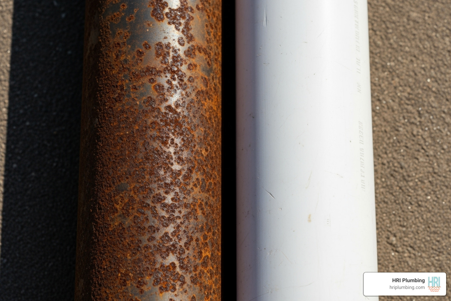 old, corroded metal pipe next to a new PVC pipe - water line repair jacksonville il old, corroded metal pipe next to a new PVC pipe - water line repair jacksonville il