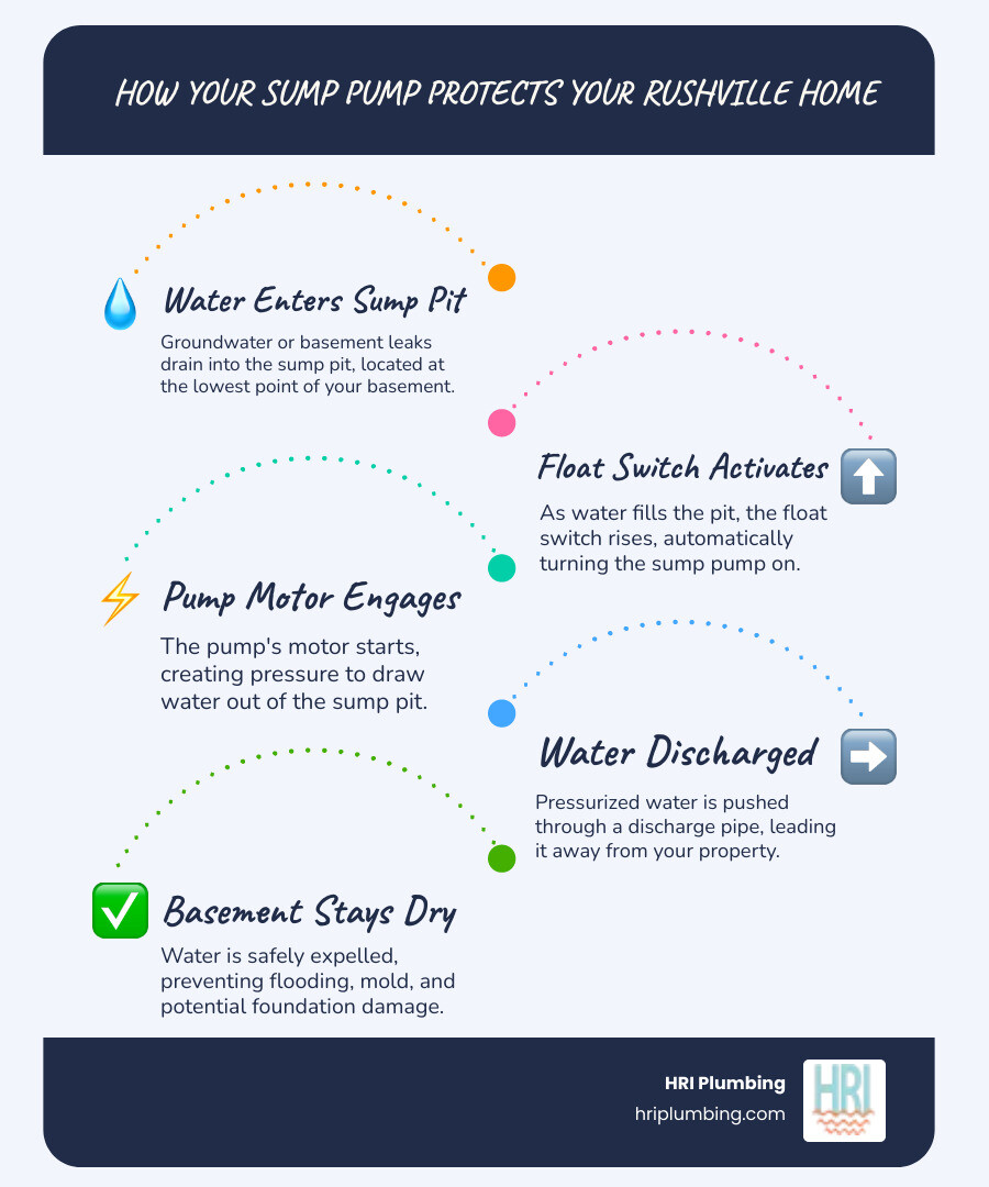 Infographic showing how a sump pump works to protect a Rushville IL basement from flooding, including the sump pit collecting water, float switch activation, pump motor engagement, and discharge pipe directing water away from the foundation - emergency sump pump service rushville il infographic infographic-line-5-steps-blues-accent_colors Infographic showing how a sump pump works to protect a Rushville IL basement from flooding, including the sump pit collecting water, float switch activation, pump motor engagement, and discharge pipe directing water away from the foundation - emergency sump pump service rushville il infographic infographic-line-5-steps-blues-accent_colors