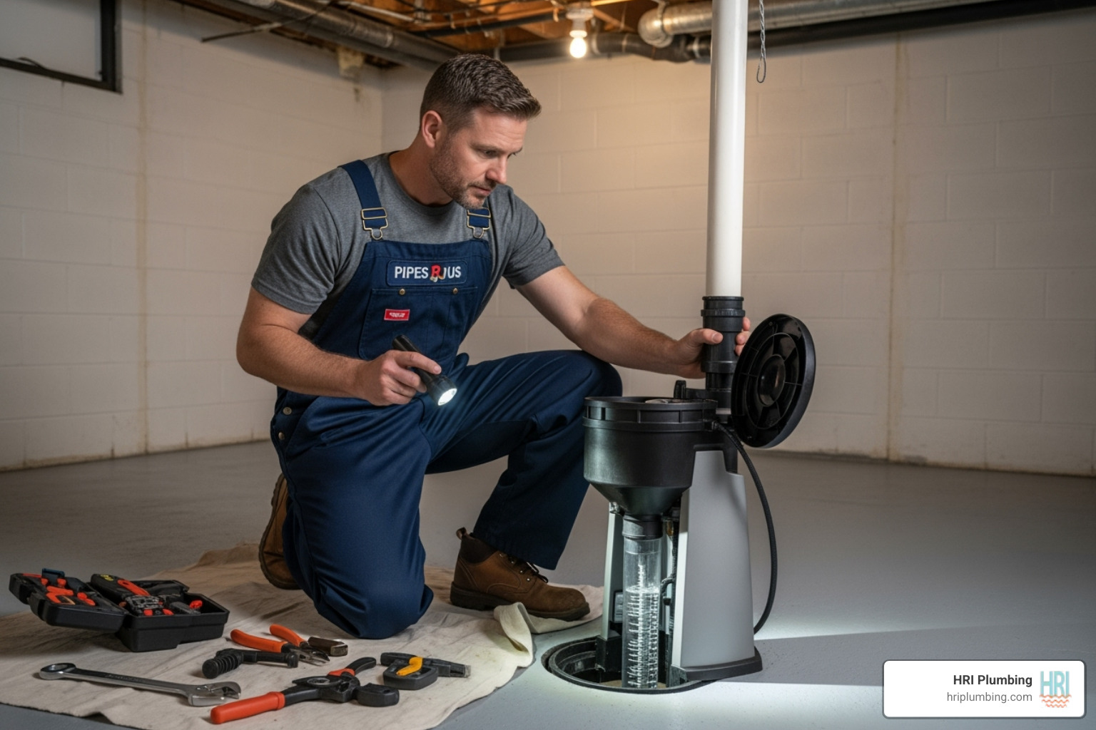 a professional plumber inspecting a sump pump - emergency sump pump service rushville il a professional plumber inspecting a sump pump - emergency sump pump service rushville il