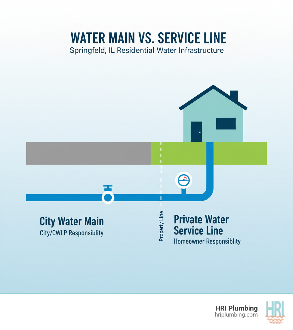Infographic showing the difference between a city water main and a private water service line. The diagram displays a cross-section view of a residential street with a house. On the left, a large blue pipe labeled "City Water Main" runs underground beneath the street, marked as "City/CWLP Responsibility." A smaller blue pipe branches off, labeled "Private Water Service Line" and marked as "Homeowner Responsibility," running from the main to the house foundation. A dashed line shows the property line boundary. The city main is shown at greater depth, while the service line angles upward to the house. Icons indicate a valve at the connection point and a water meter near the house. - water main replacement springfield il infographic Infographic showing the difference between a city water main and a private water service line. The diagram displays a cross-section view of a residential street with a house. On the left, a large blue pipe labeled "City Water Main" runs underground beneath the street, marked as "City/CWLP Responsibility." A smaller blue pipe branches off, labeled "Private Water Service Line" and marked as "Homeowner Responsibility," running from the main to the house foundation. A dashed line shows the property line boundary. The city main is shown at greater depth, while the service line angles upward to the house. Icons indicate a valve at the connection point and a water meter near the house. - water main replacement springfield il infographic