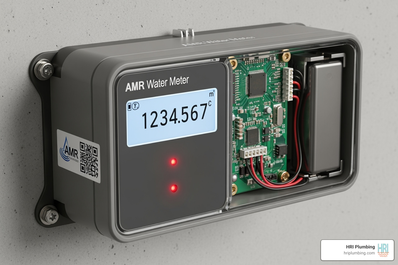 A close-up image of a modern Automated Meter Reading (AMR) device mounted on a wall, showing a digital display and some electronic components. - water main replacement springfield il A close-up image of a modern Automated Meter Reading (AMR) device mounted on a wall, showing a digital display and some electronic components. - water main replacement springfield il
