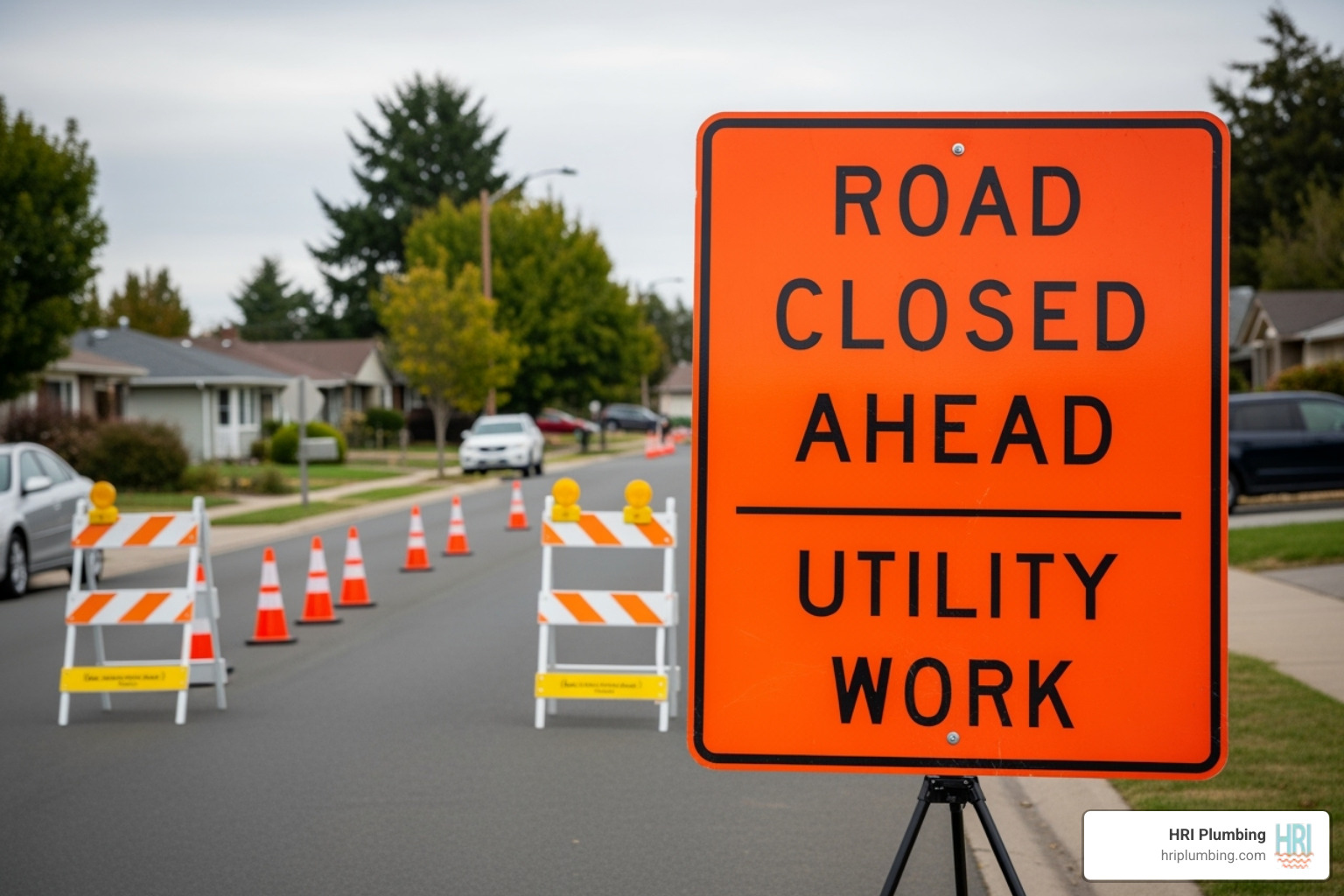 A road closure sign with "ROAD CLOSED AHEAD" and "UTILITY WORK" text, with cones and construction barriers visible in the background on a residential street. - water main replacement springfield il A road closure sign with "ROAD CLOSED AHEAD" and "UTILITY WORK" text, with cones and construction barriers visible in the background on a residential street. - water main replacement springfield il