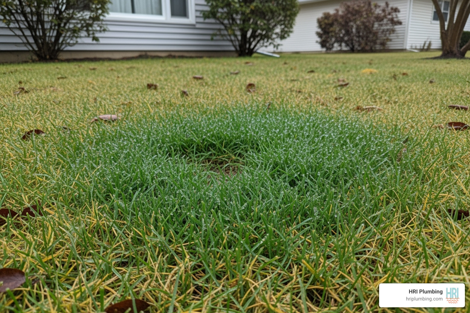 A damp, unusually green patch of grass in a residential yard, indicating a possible underground water leak. - water main replacement springfield il A damp, unusually green patch of grass in a residential yard, indicating a possible underground water leak. - water main replacement springfield il