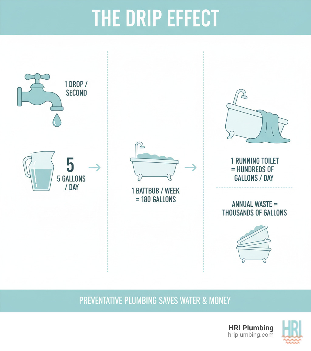 Detailed infographic showing the water waste progression from a small faucet drip to hundreds of gallons wasted annually, with visual comparison to everyday items like bathtubs filled with water - preventative plumbing maintenance infographic Detailed infographic showing the water waste progression from a small faucet drip to hundreds of gallons wasted annually, with visual comparison to everyday items like bathtubs filled with water - preventative plumbing maintenance infographic