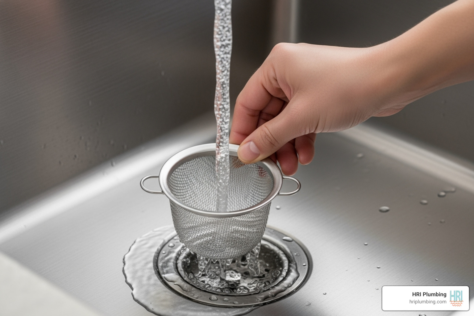 a hand placing a strainer in a kitchen sink drain - preventative plumbing maintenance a hand placing a strainer in a kitchen sink drain - preventative plumbing maintenance