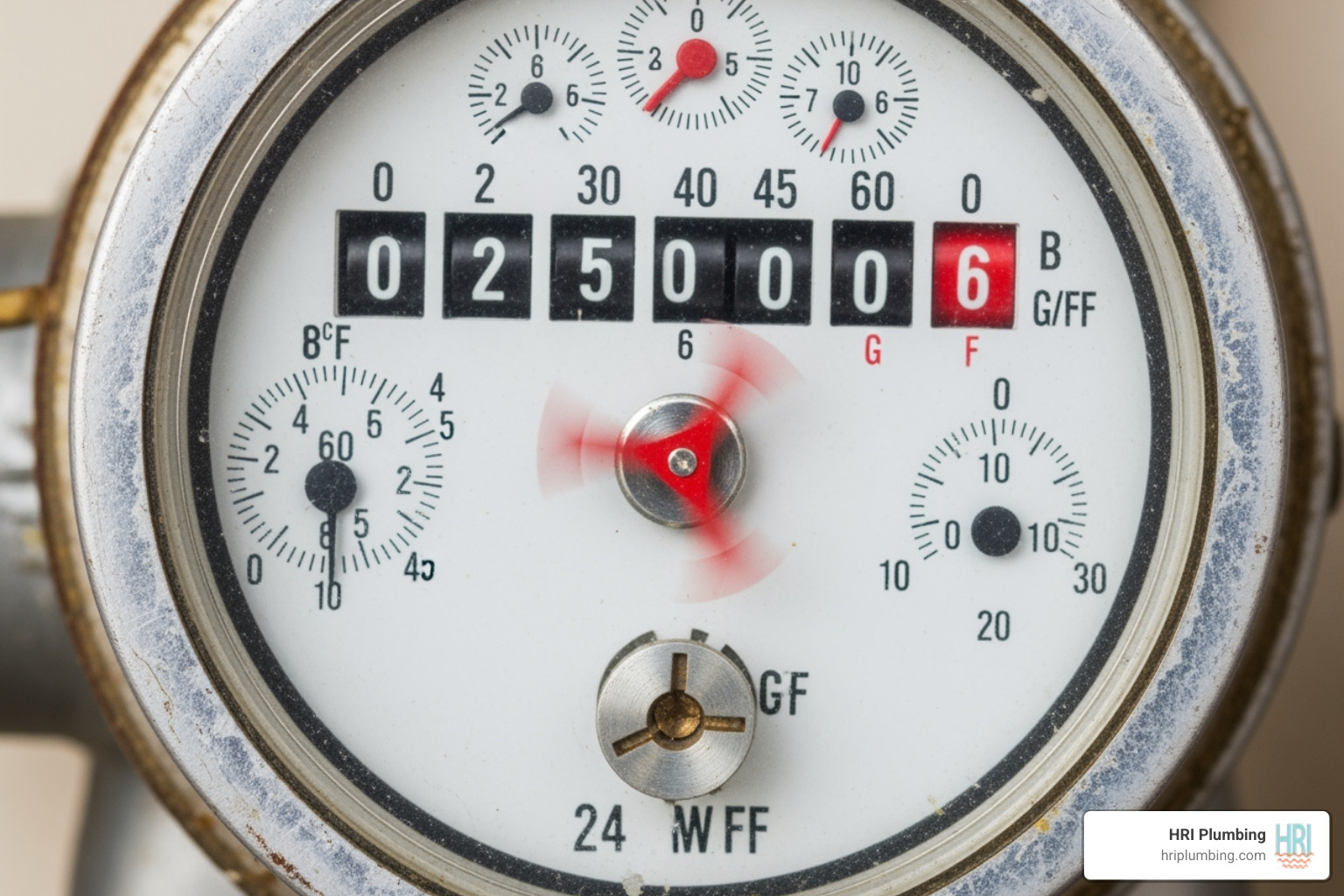 a water meter dial showing the leak indicator spinning - preventative plumbing maintenance a water meter dial showing the leak indicator spinning - preventative plumbing maintenance