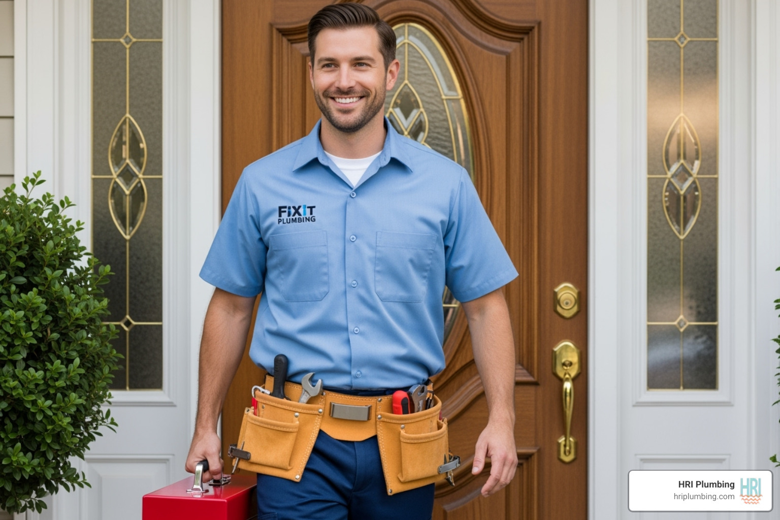 a friendly, uniformed plumber arriving at a home - preventative plumbing maintenance a friendly, uniformed plumber arriving at a home - preventative plumbing maintenance