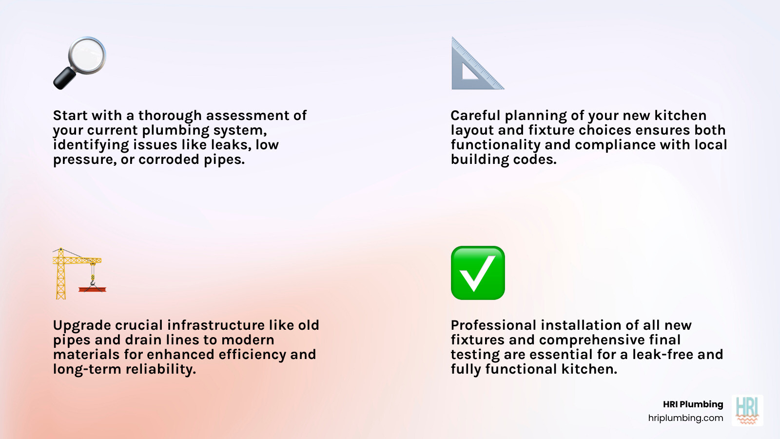Infographic showing the 5 key stages of a kitchen plumbing remodel: Stage 1 - Initial Assessment and Consultation with inspection of existing plumbing systems; Stage 2 - Design and Planning phase including fixture selection and layout optimization; Stage 3 - Infrastructure Upgrades with pipe relocation, repiping, and drain line improvements; Stage 4 - Fixture Installation including sinks, faucets, disposals, and water filtration systems; Stage 5 - Final Testing and Inspection with code compliance verification and warranty documentation - kitchen plumbing remodel springfield il infographic 4_facts_emoji_light-gradient