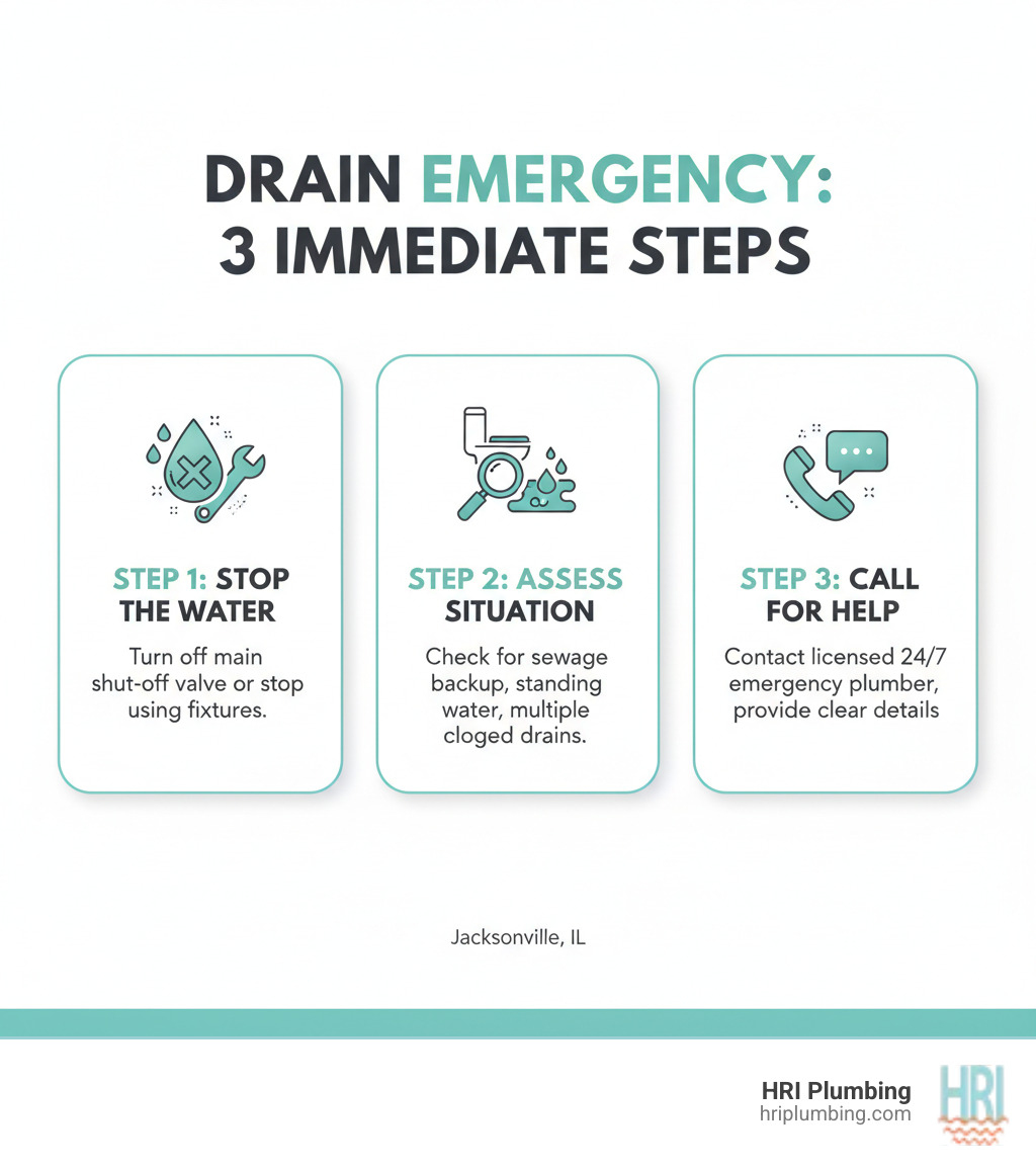 Infographic showing 3 immediate steps to take in a drain emergency: Step 1 - Stop the Water (turn off main shut-off valve or stop using fixtures), Step 2 - Assess the Situation (check for sewage backup, standing water, multiple clogged drains), Step 3 - Call for Help (contact licensed 24/7 emergency plumber, provide clear details about the problem) - emergency drain repair jacksonville infographic 