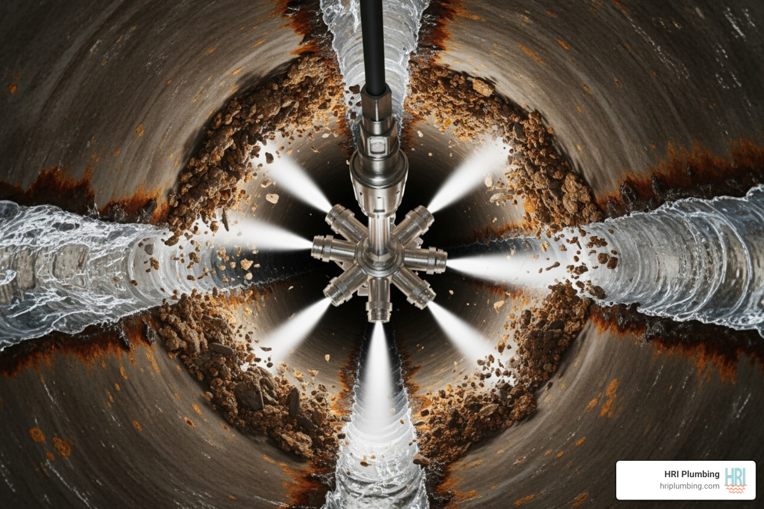 Hydro-jetting nozzle cleaning a pipe - emergency drain repair jacksonville