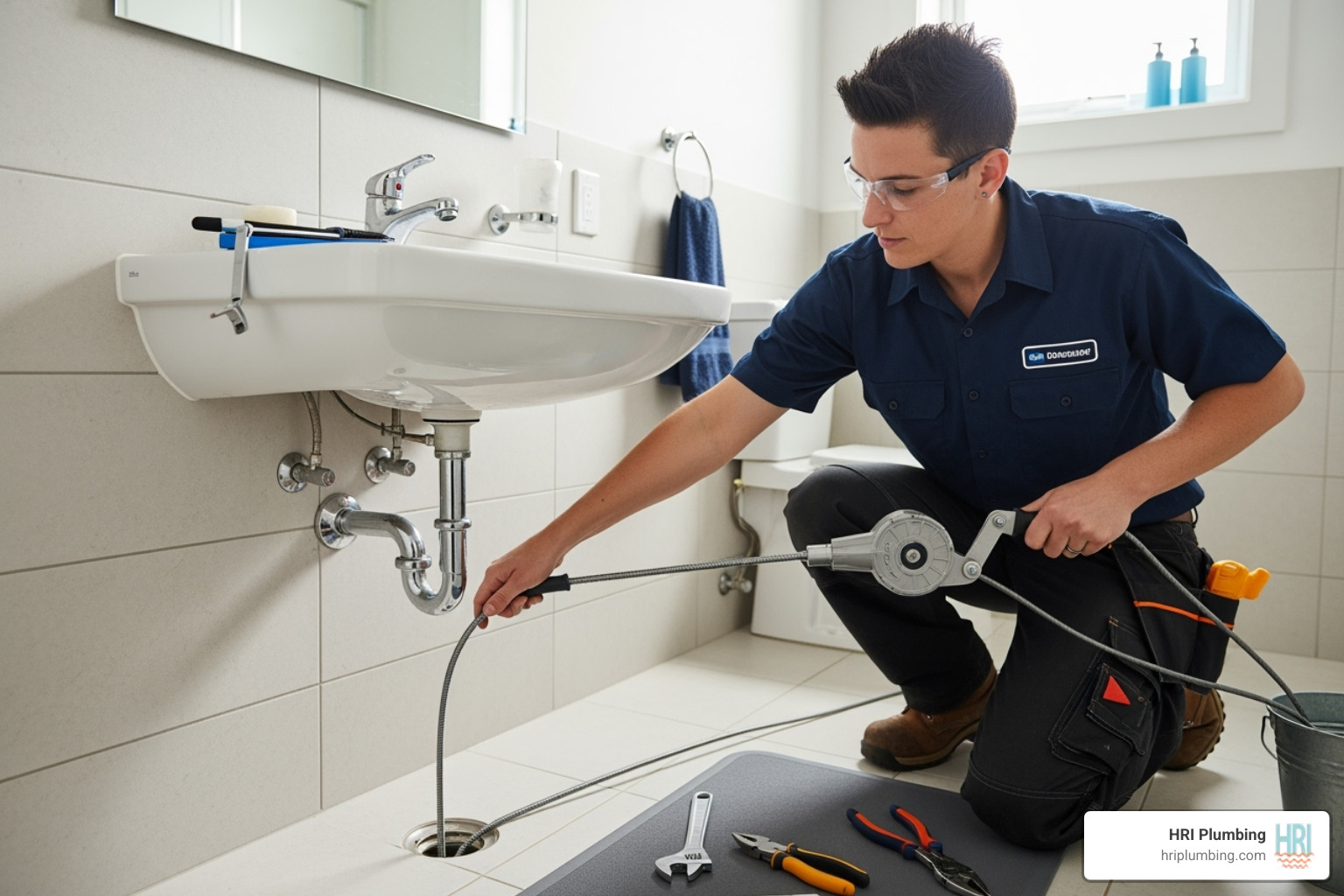 Plumber using a drain snake to clear a clog - emergency drain repair jacksonville