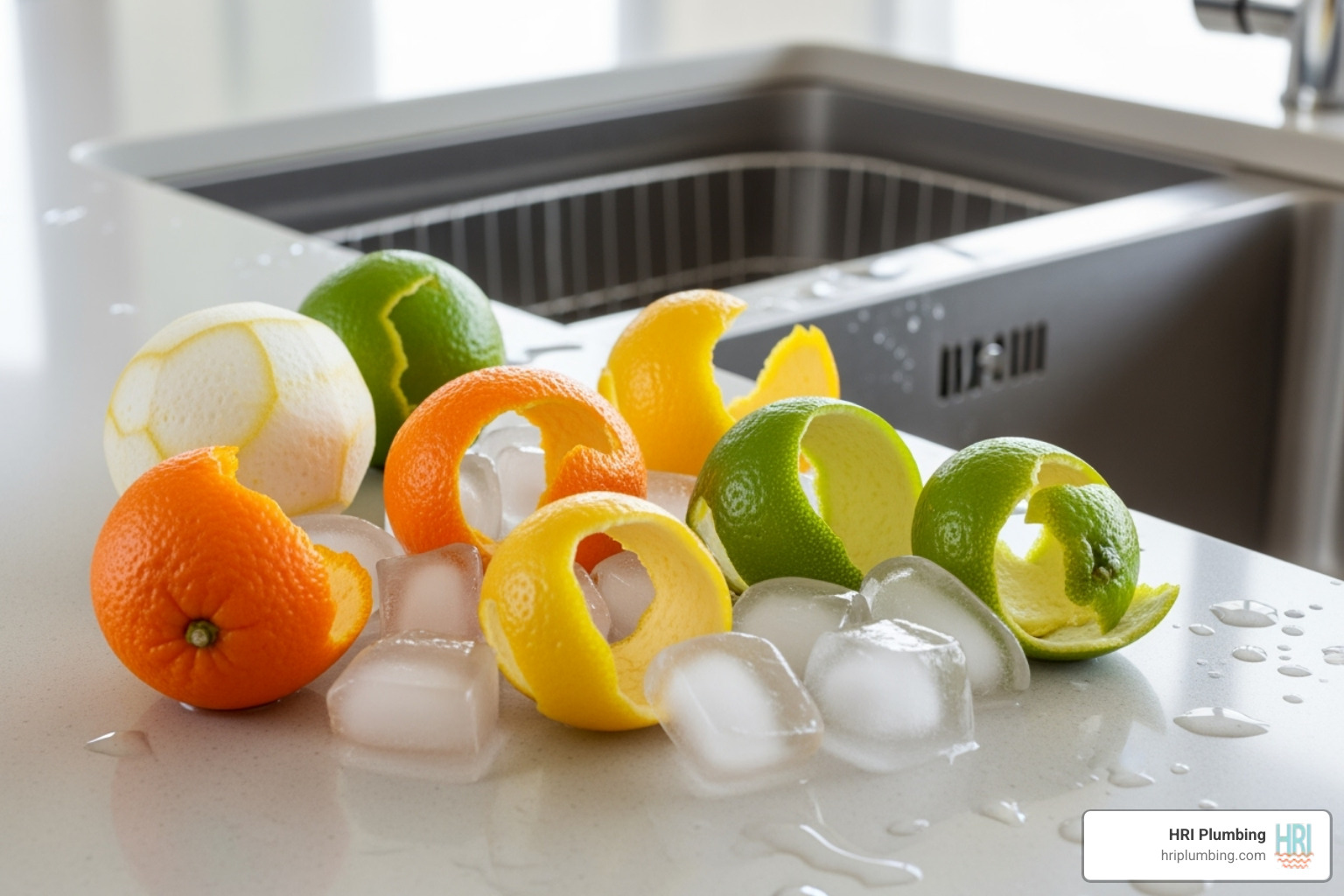 citrus peels and ice cubes next to a sink, ready for cleaning the disposal - garbage disposal installation springfield il