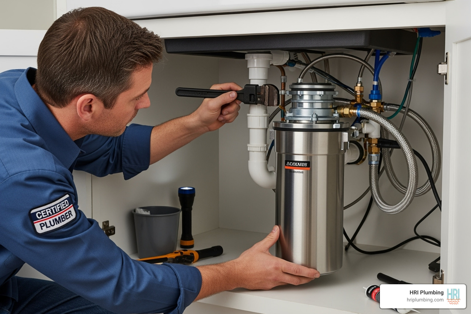licensed plumber carefully installing a new garbage disposal under a kitchen sink - garbage disposal installation springfield il