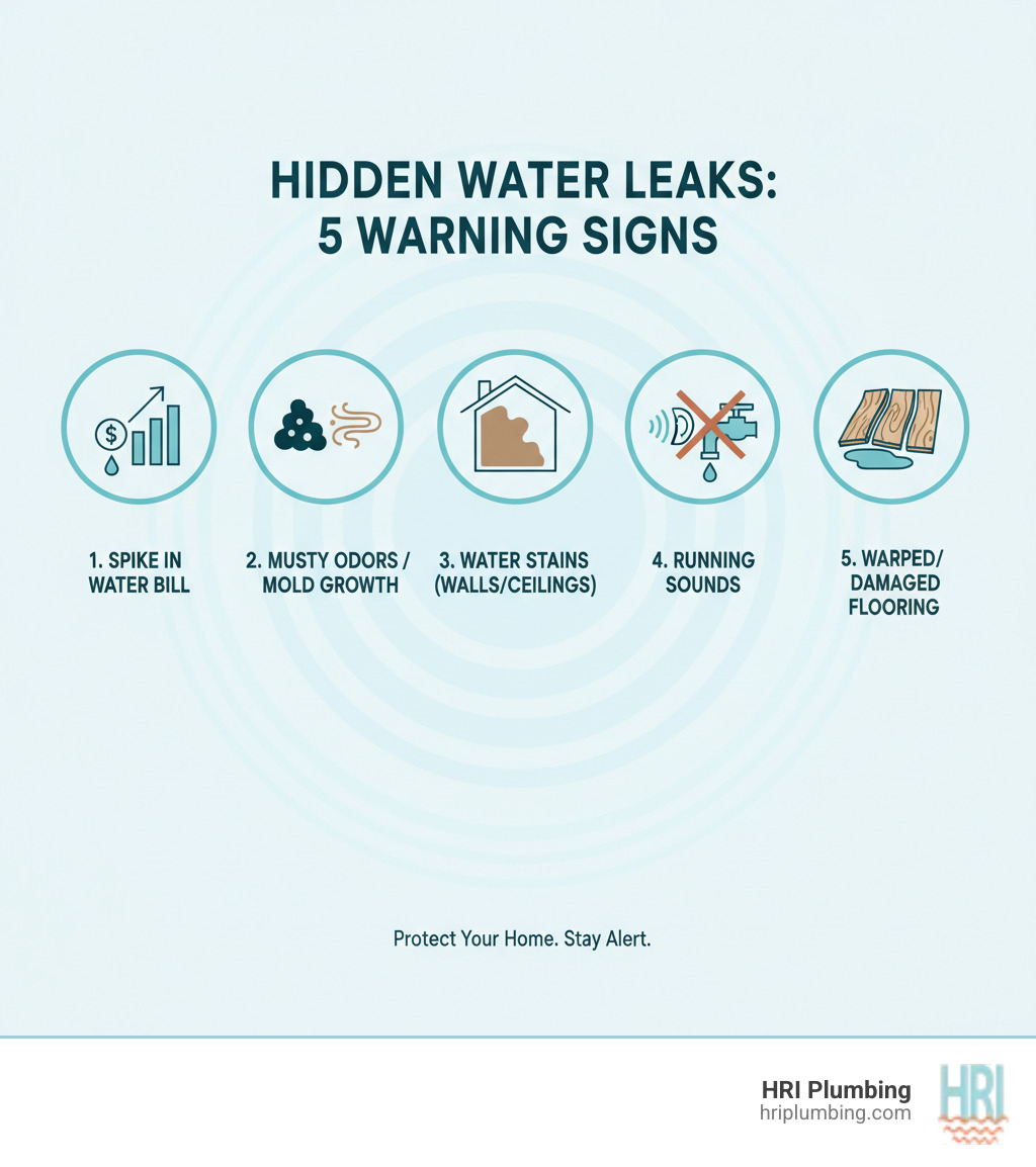 infographic showing five warning signs of hidden water leaks: 1) unexplained spike in water bill, 2) musty odors or visible mold growth, 3) water stains on walls or ceilings, 4) sound of running water when fixtures are off, 5) warped or damaged flooring - leak repair springfield il infographic infographic showing five warning signs of hidden water leaks: 1) unexplained spike in water bill, 2) musty odors or visible mold growth, 3) water stains on walls or ceilings, 4) sound of running water when fixtures are off, 5) warped or damaged flooring - leak repair springfield il infographic