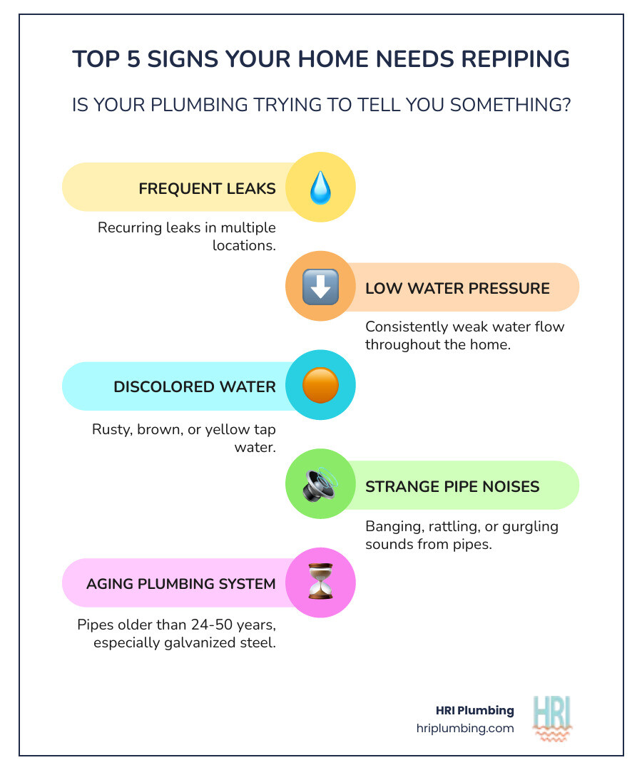 Infographic showing the top 5 signs a house needs repiping: frequent leaks in multiple locations, consistently low water pressure throughout the home, discolored or rusty-colored tap water, unusual noises like banging or gurgling from pipes, and plumbing systems older than 24-50 years - house repiping rushville il infographic infographic-line-5-steps-colors Infographic showing the top 5 signs a house needs repiping: frequent leaks in multiple locations, consistently low water pressure throughout the home, discolored or rusty-colored tap water, unusual noises like banging or gurgling from pipes, and plumbing systems older than 24-50 years - house repiping rushville il infographic infographic-line-5-steps-colors