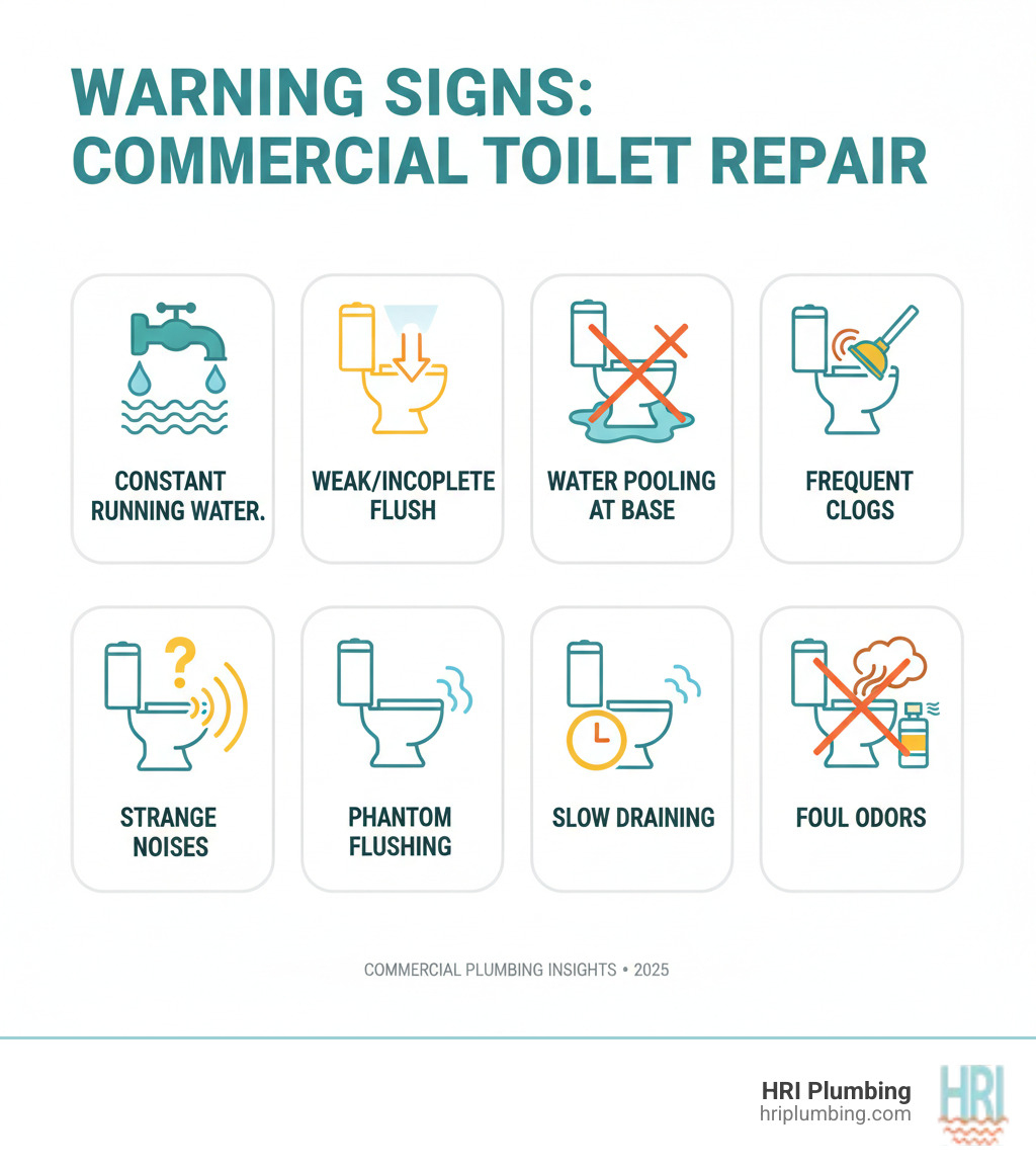infographic showing warning signs that a commercial toilet needs immediate repair including constant running water, weak or incomplete flush, water pooling at the base, frequent clogs requiring multiple plunging attempts, strange gurgling or hissing noises, phantom flushing when no one is using it, slow draining after flushing, and foul odors that persist after cleaning - commercial toilet repair jacksonville infographic 