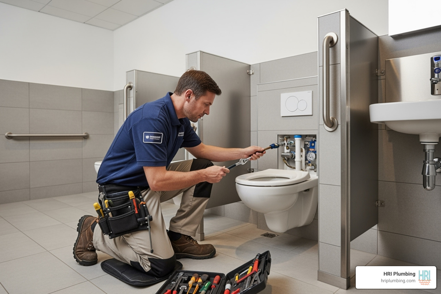 professional plumber working on a commercial toilet - commercial toilet repair jacksonville