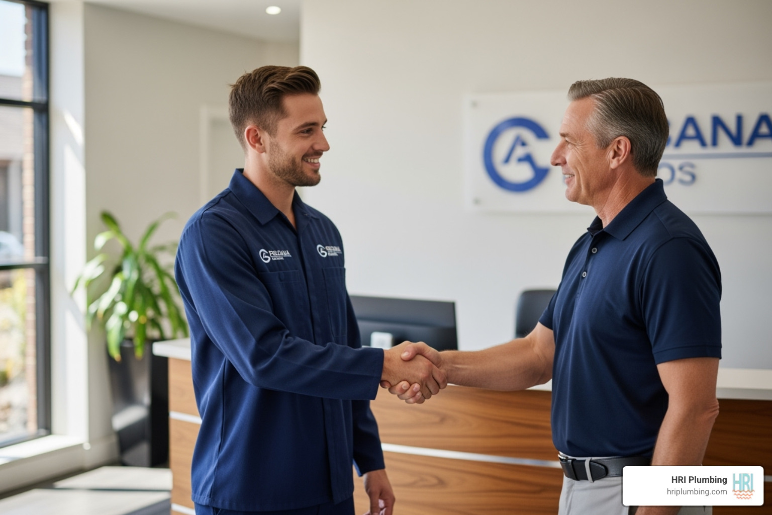 friendly plumber shaking hands with a satisfied business owner - commercial toilet repair jacksonville
