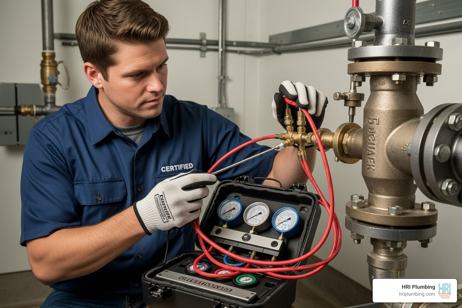 a certified technician using a test kit on an installed backflow preventer - backflow prevention installation service a certified technician using a test kit on an installed backflow preventer - backflow prevention installation service