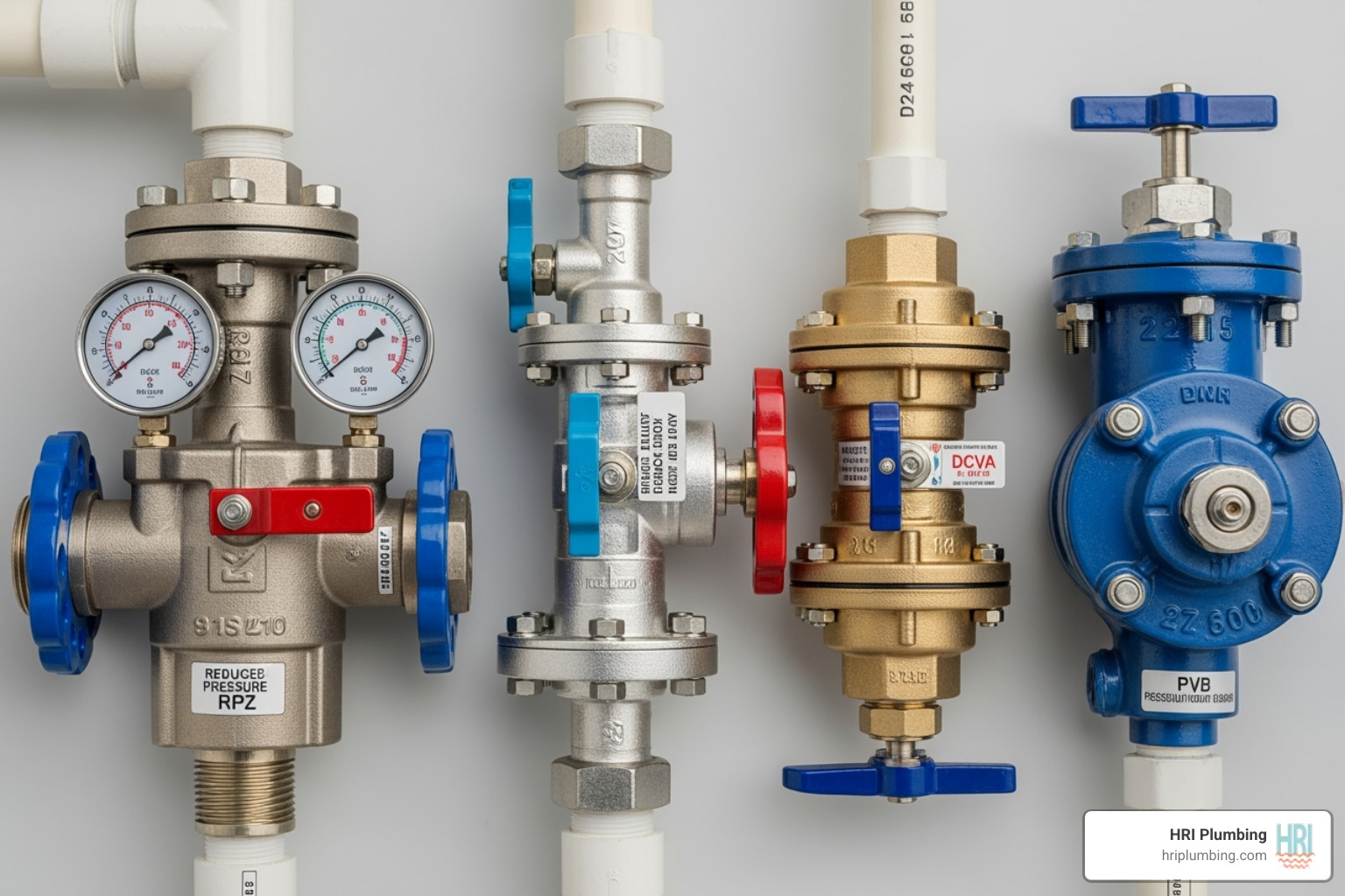 various types of backflow prevention devices lined up, such as an RPZ, DCVA, and PVB - backflow prevention installation service various types of backflow prevention devices lined up, such as an RPZ, DCVA, and PVB - backflow prevention installation service