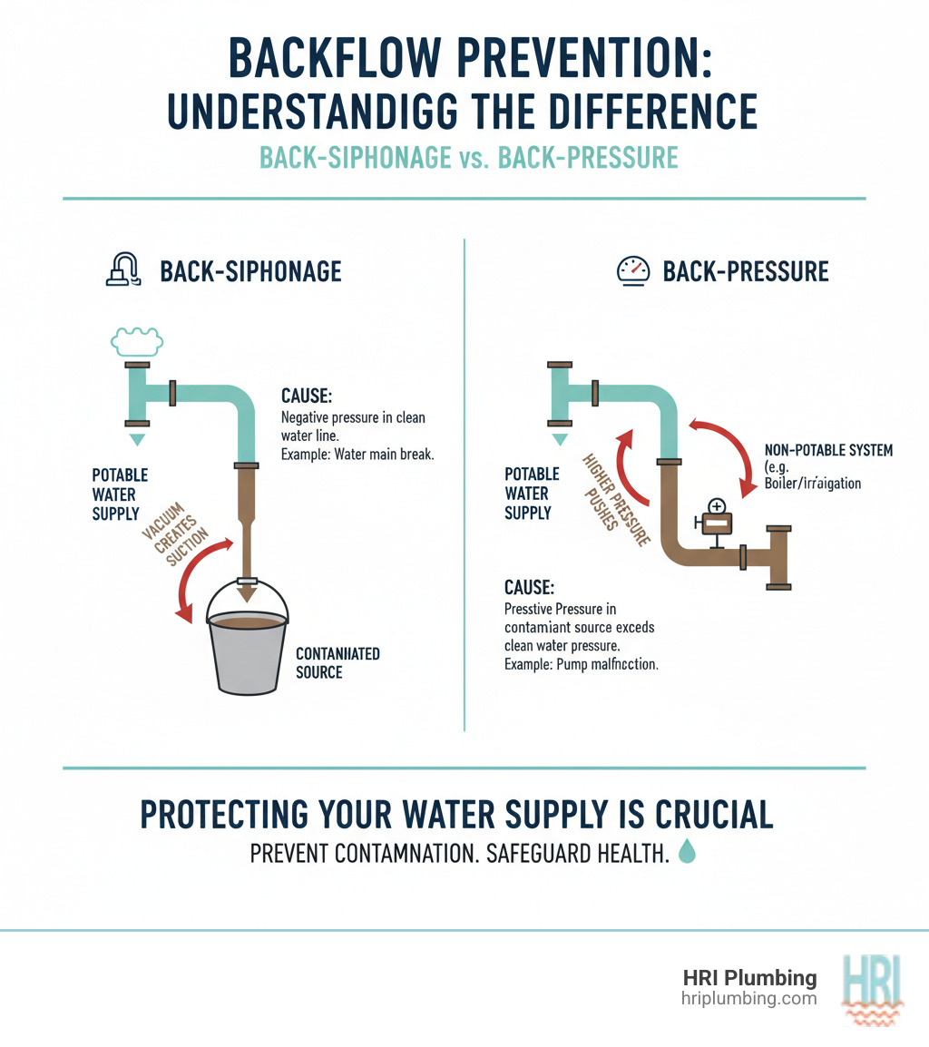 Infographic explaining the difference between back-siphonage and back-pressure with simple diagrams. - backflow prevention installation service infographic Infographic explaining the difference between back-siphonage and back-pressure with simple diagrams. - backflow prevention installation service infographic