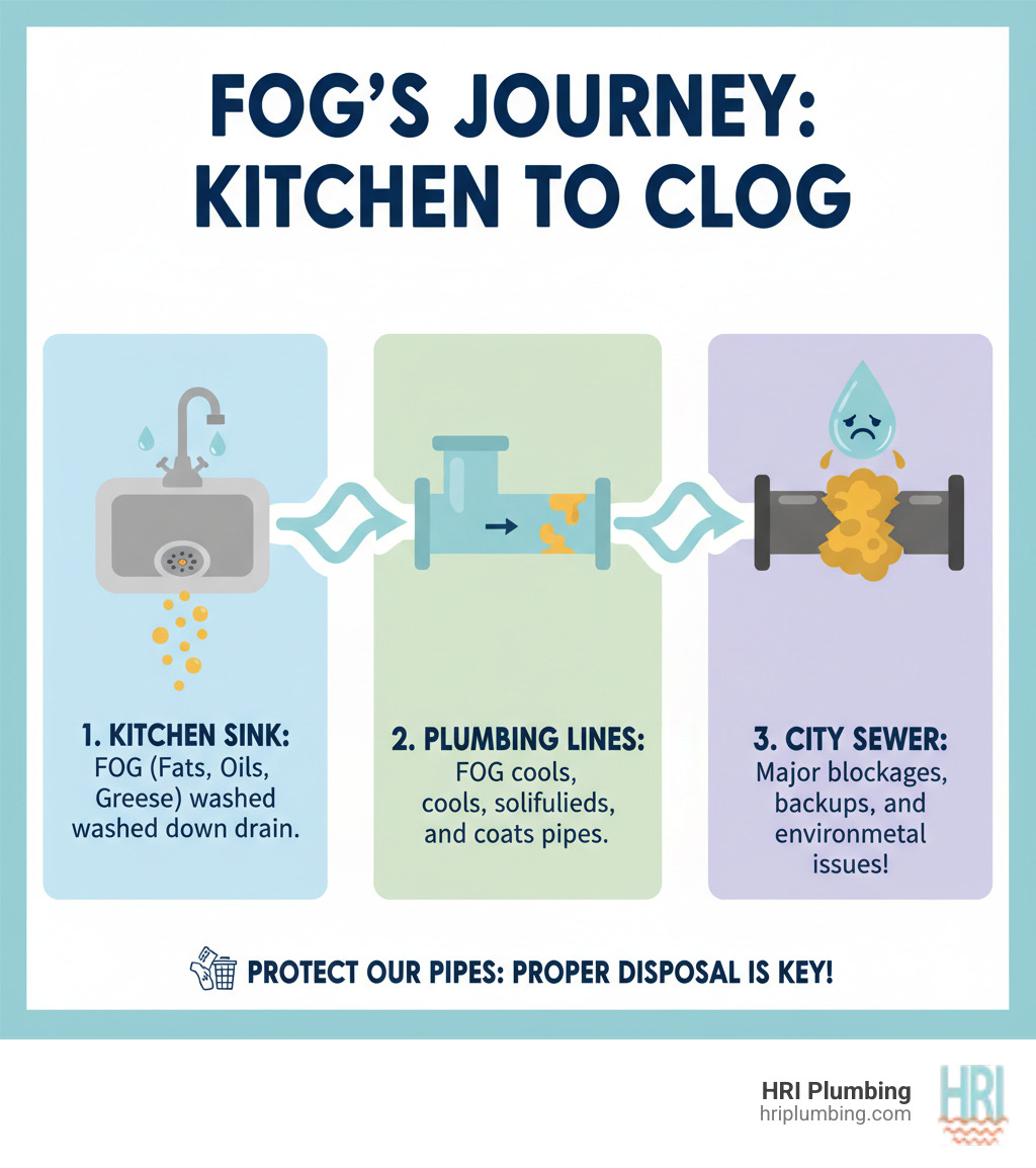 Infographic explaining the journey of Fats, Oils, and Grease (FOG) from a kitchen sink to a clogged city sewer line. - restaurant plumbing rushville il infographic 