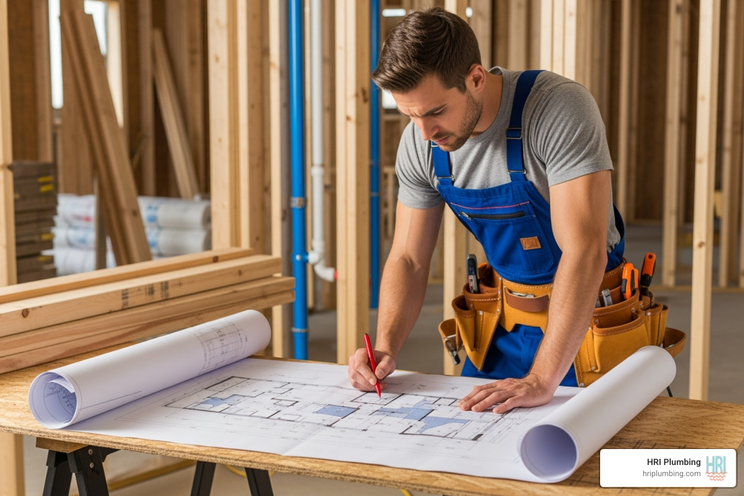 a plumber examining blueprints for a bathroom layout - bathroom plumbing installation rushville il