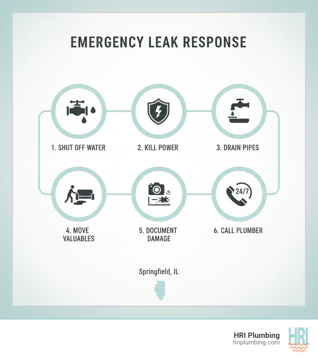 Infographic showing emergency leak response steps: 1. Locate and turn off main water shutoff valve, 2. Switch off electricity in affected areas, 3. Open faucets to drain remaining water and relieve pressure, 4. Move furniture and valuables away from water, 5. Take photos for insurance documentation, 6. Call 24/7 emergency plumber for professional repair - emergency leak repair springfield il infographic 