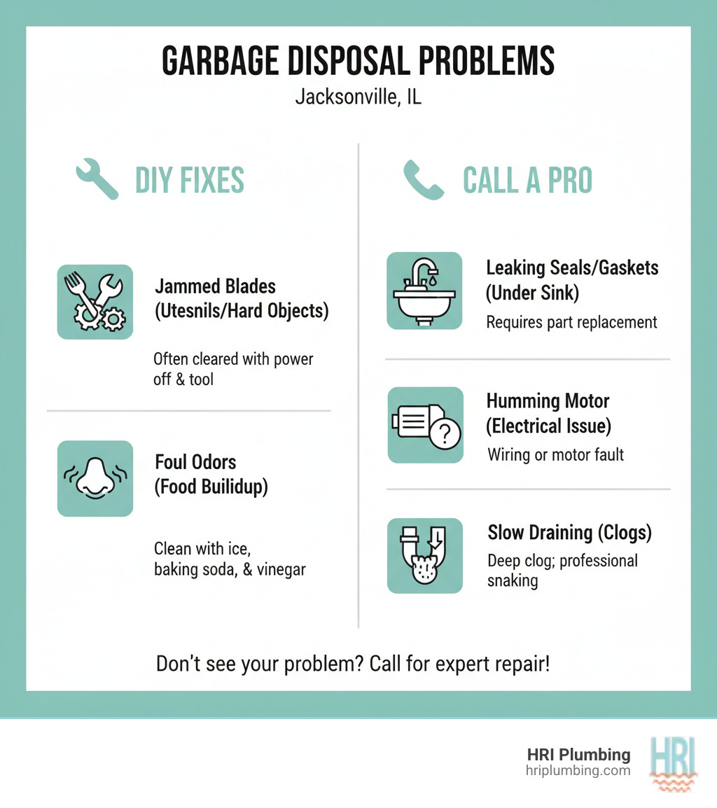 Infographic showing common garbage disposal problems and when to call a professional: jammed blades from utensils or hard objects, leaking seals or gaskets under the sink, humming motor that won't grind indicating electrical issues, foul odors from food buildup, and slow draining from clogs - with icons showing which issues are DIY-friendly versus requiring professional repair in Jacksonville IL - garbage disposal repair jacksonville il infographic 