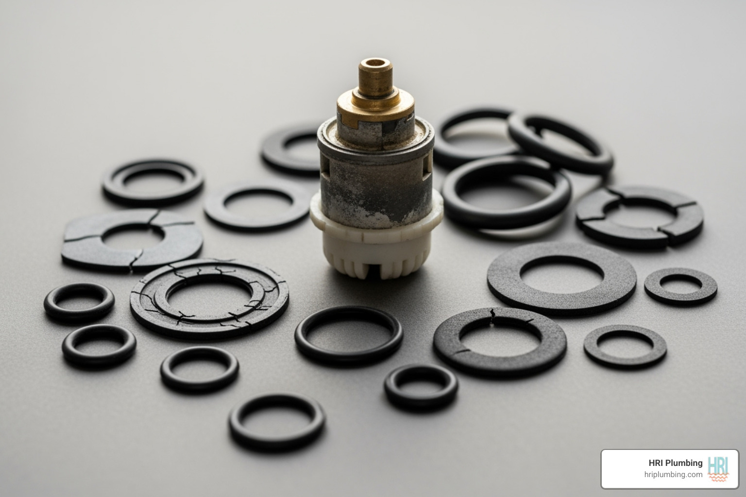 collection of old, worn faucet parts like a washer, O-ring, and cartridge - leaky faucet repair rushville il collection of old, worn faucet parts like a washer, O-ring, and cartridge - leaky faucet repair rushville il