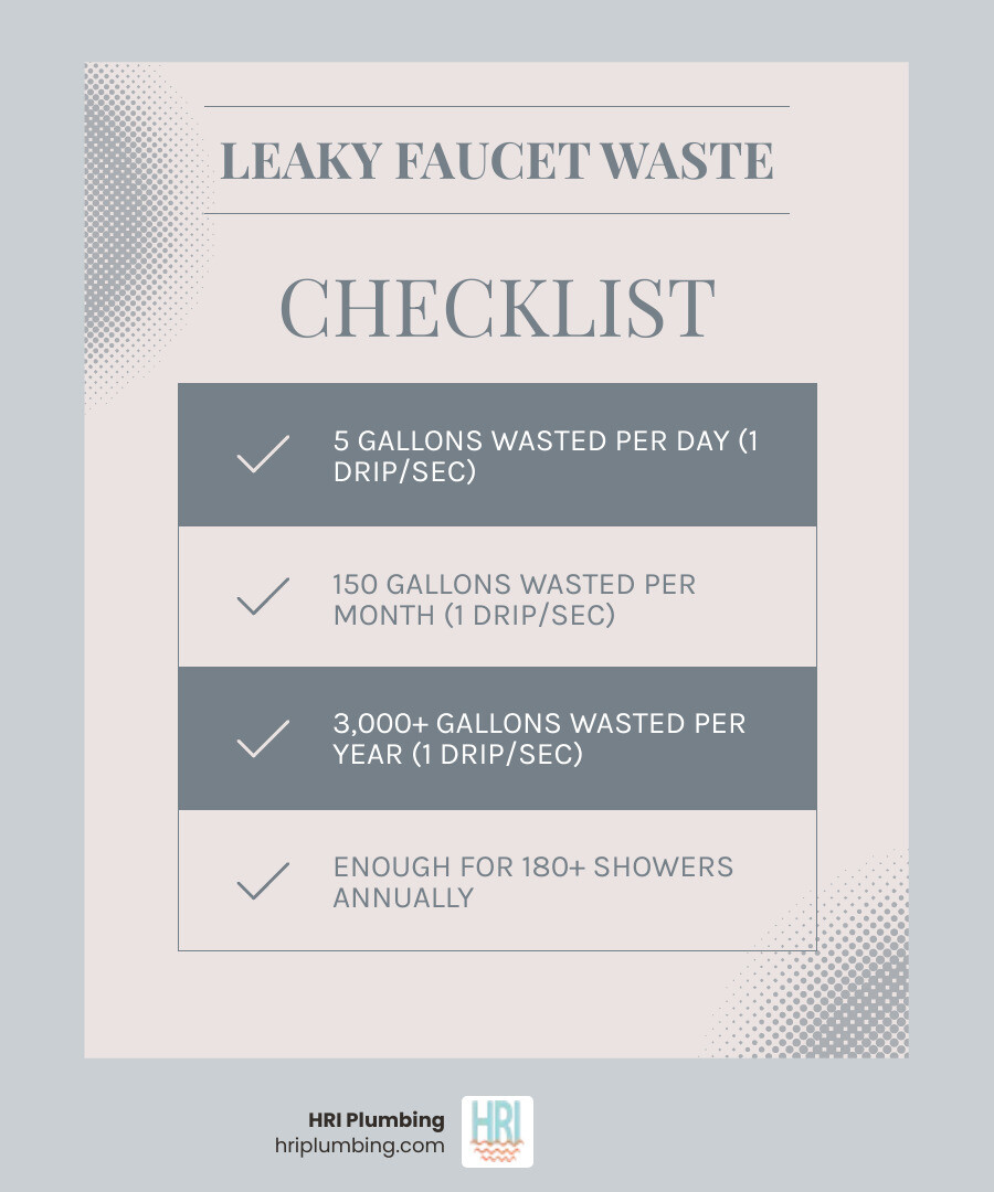 Infographic showing water waste from a leaky faucet: 1 drip per second equals approximately 5 gallons per day, 150 gallons per month, and 3,000+ gallons per year, with icons representing equivalent usage like showers and laundry loads - leaky faucet repair rushville il infographic checklist-light-blue-grey Infographic showing water waste from a leaky faucet: 1 drip per second equals approximately 5 gallons per day, 150 gallons per month, and 3,000+ gallons per year, with icons representing equivalent usage like showers and laundry loads - leaky faucet repair rushville il infographic checklist-light-blue-grey