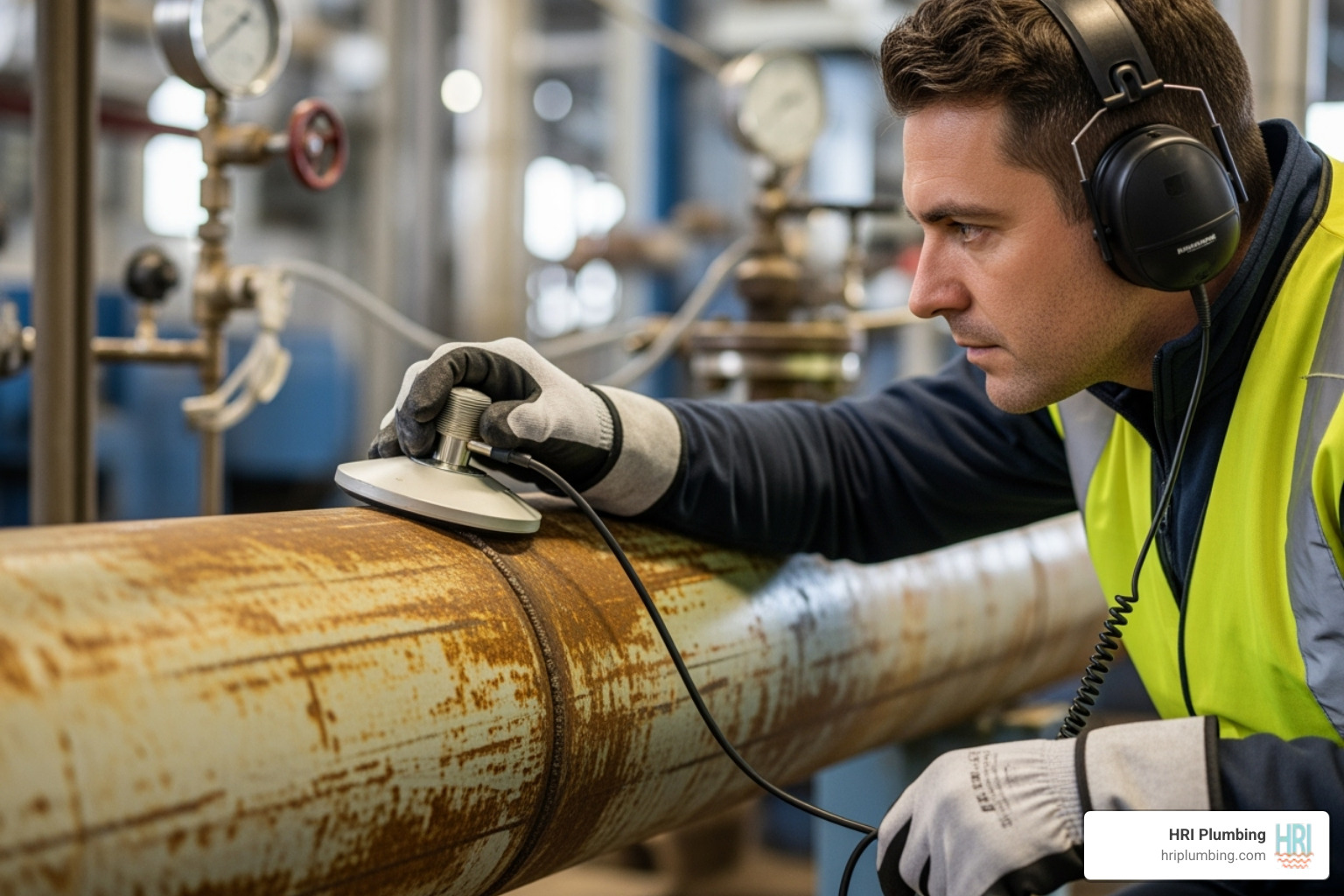 Technician using an acoustic listening device on a pipe - underground pipe leak detection rushville il
