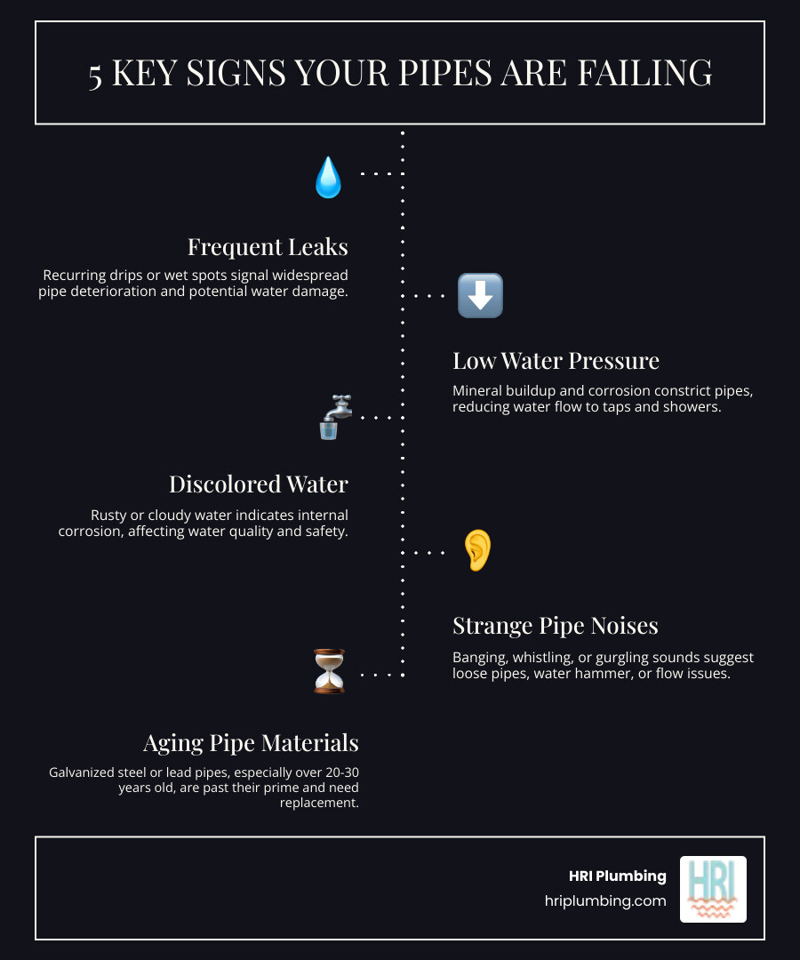 Infographic showing common signs of failing pipes including low water pressure gauge, discolored water in glass, visible pipe corrosion, water leak stains on walls, and timeline showing pipes over 20-30 years old need replacement - whole home repiping springfield il infographic infographic-line-5-steps-dark Infographic showing common signs of failing pipes including low water pressure gauge, discolored water in glass, visible pipe corrosion, water leak stains on walls, and timeline showing pipes over 20-30 years old need replacement - whole home repiping springfield il infographic infographic-line-5-steps-dark