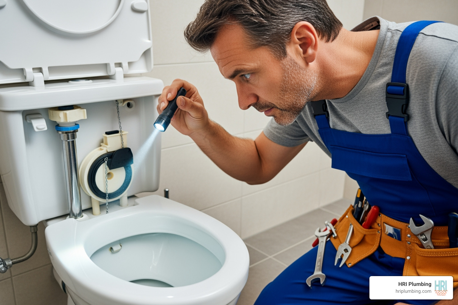 A plumber with tools examining the inside of a toilet tank, focusing on the fill valve and flapper mechanism - fix broken toilet rushville il A plumber with tools examining the inside of a toilet tank, focusing on the fill valve and flapper mechanism - fix broken toilet rushville il