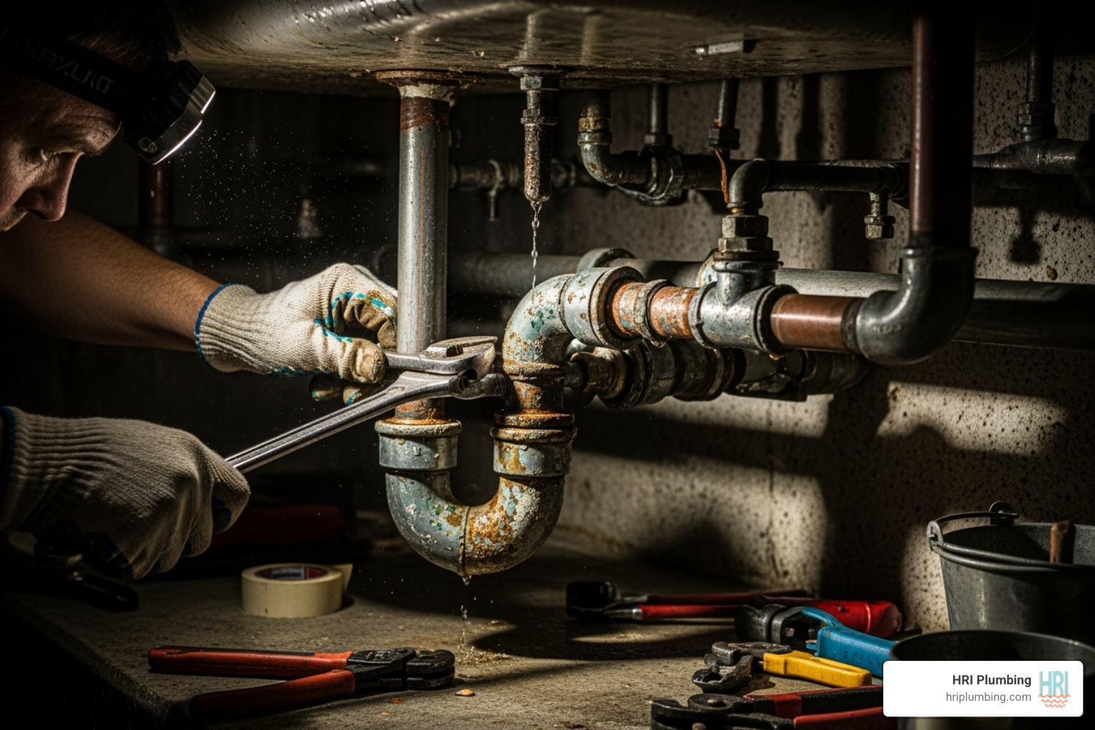 plumber working on old pipes under a sink - bathroom remodeling rochester