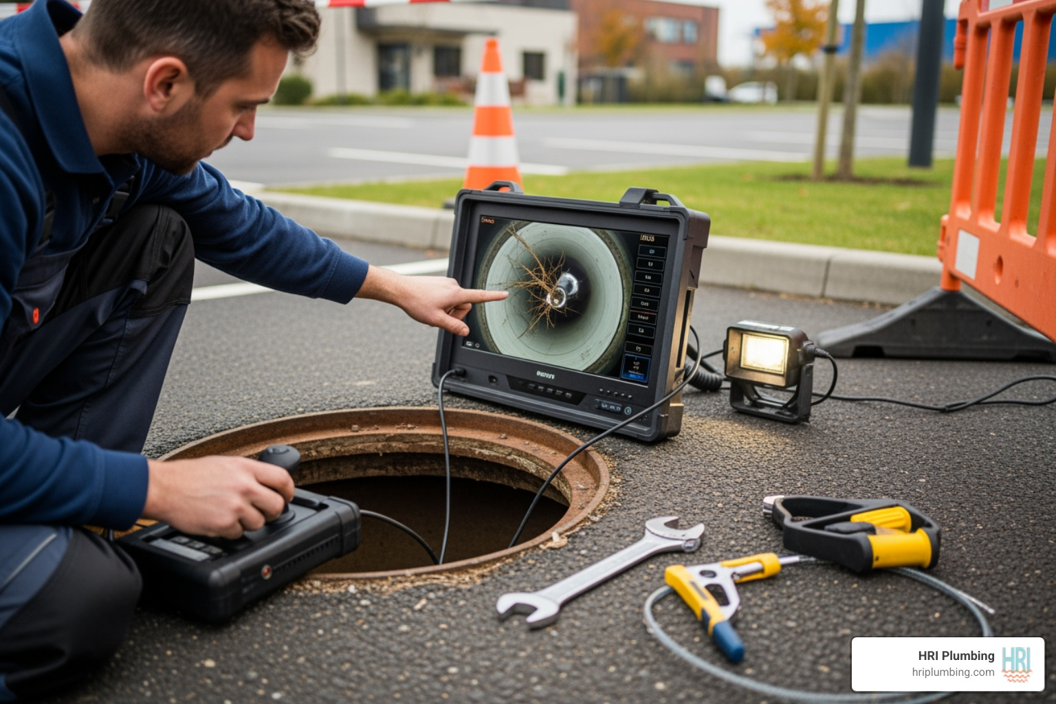 plumber using video camera for sewer inspection - urgent pipe repair jacksonville il