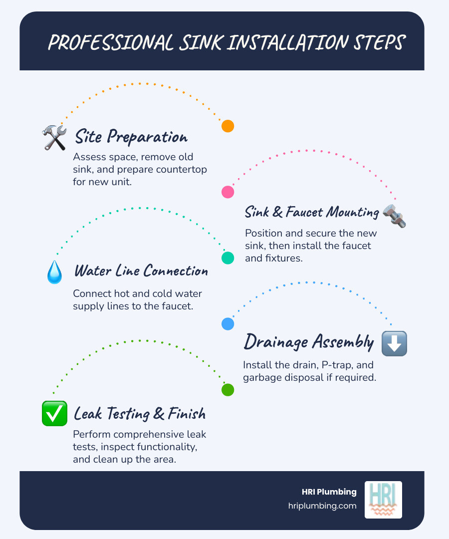 Infographic showing the complete sink installation process: 1) Assessment and measurement of existing space, 2) Old sink and plumbing disconnection, 3) Countertop preparation and cutout verification, 4) New sink positioning and mounting, 5) Faucet and fixture installation, 6) Water supply line connection, 7) Drain assembly and P-trap installation, 8) Garbage disposal hookup if needed, 9) Comprehensive leak testing, 10) Final cleanup and inspection - sink installation springfield il infographic infographic-line-5-steps-blues-accent_colors Infographic showing the complete sink installation process: 1) Assessment and measurement of existing space, 2) Old sink and plumbing disconnection, 3) Countertop preparation and cutout verification, 4) New sink positioning and mounting, 5) Faucet and fixture installation, 6) Water supply line connection, 7) Drain assembly and P-trap installation, 8) Garbage disposal hookup if needed, 9) Comprehensive leak testing, 10) Final cleanup and inspection - sink installation springfield il infographic infographic-line-5-steps-blues-accent_colors