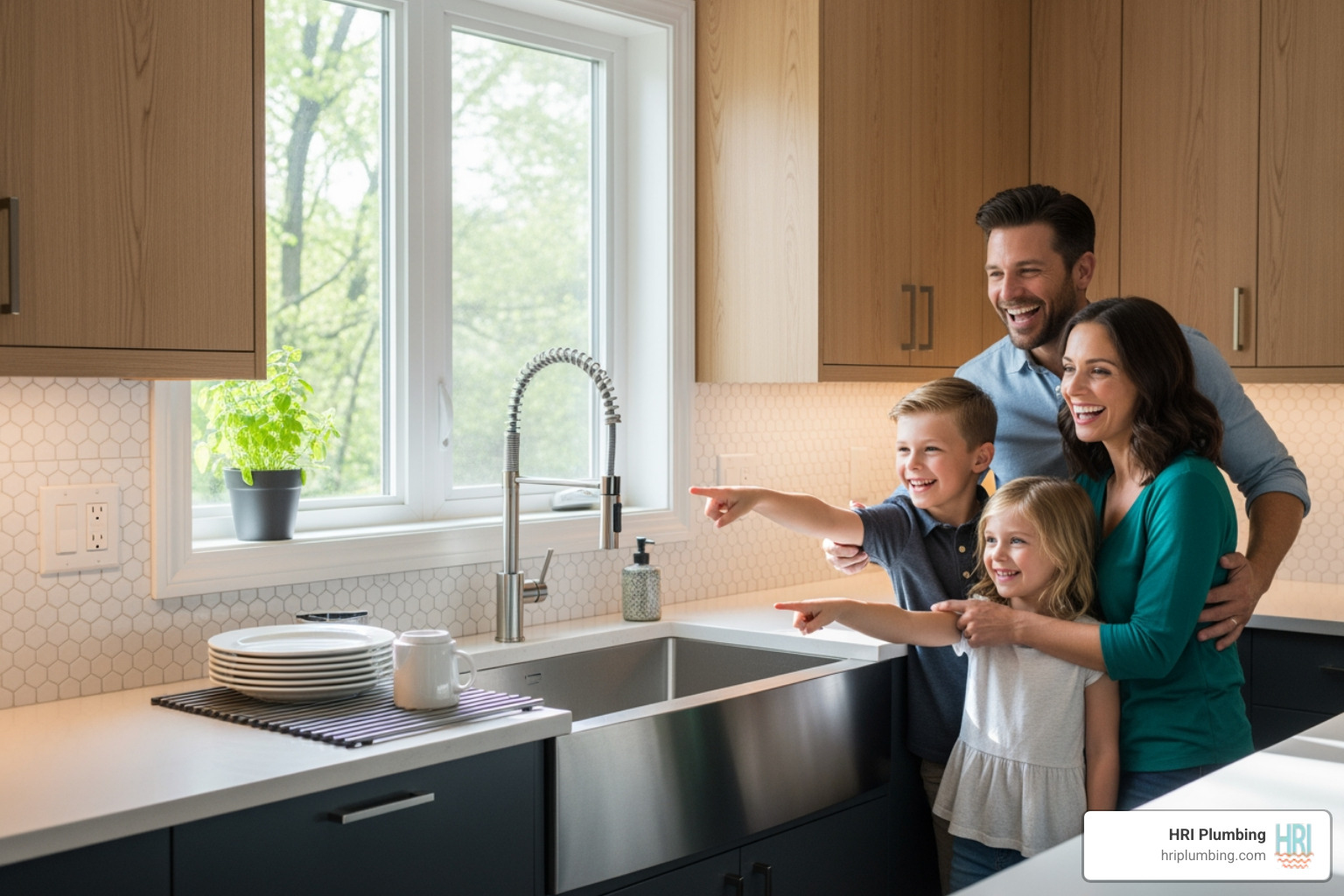 Happy family admiring new kitchen with focus on the sink area - sink installation springfield il Happy family admiring new kitchen with focus on the sink area - sink installation springfield il