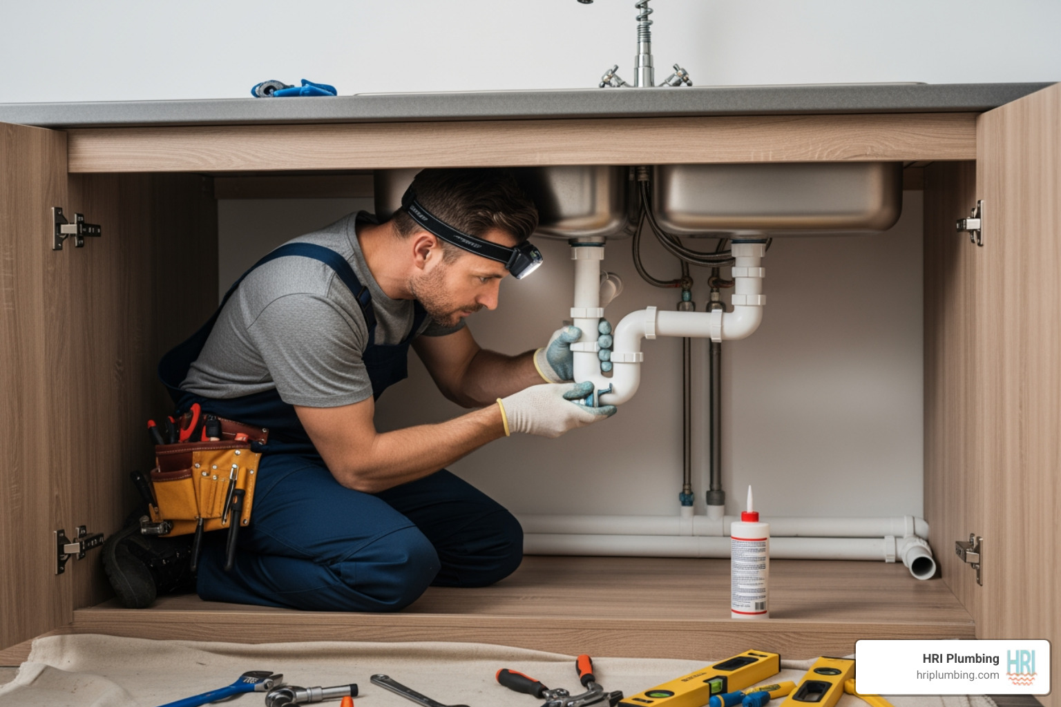 Professional plumber carefully connecting drain pipes under a new sink - sink installation springfield il Professional plumber carefully connecting drain pipes under a new sink - sink installation springfield il