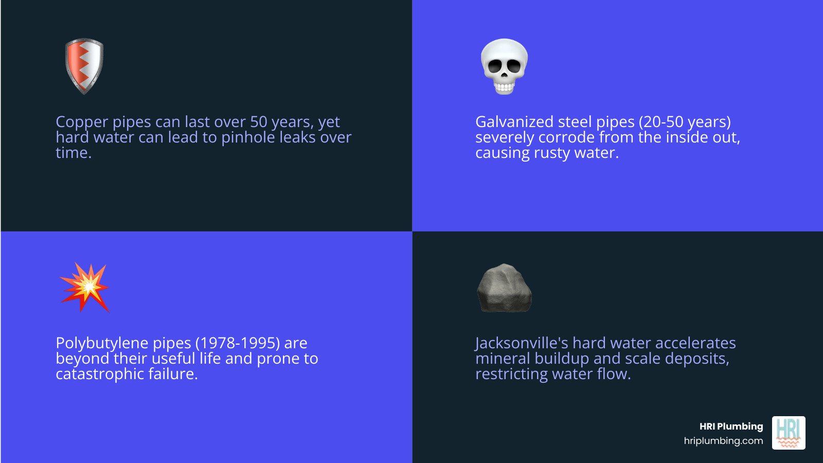 infographic showing the average lifespan of different pipe materials: copper pipes 50+ years, galvanized steel pipes 20-50 years, polybutylene pipes prone to early failure, cast iron pipes 40-60 years, with visual icons representing corrosion, leaks, and water quality issues - copper pipe replacement jacksonville infographic 4_facts_emoji_blue infographic showing the average lifespan of different pipe materials: copper pipes 50+ years, galvanized steel pipes 20-50 years, polybutylene pipes prone to early failure, cast iron pipes 40-60 years, with visual icons representing corrosion, leaks, and water quality issues - copper pipe replacement jacksonville infographic 4_facts_emoji_blue