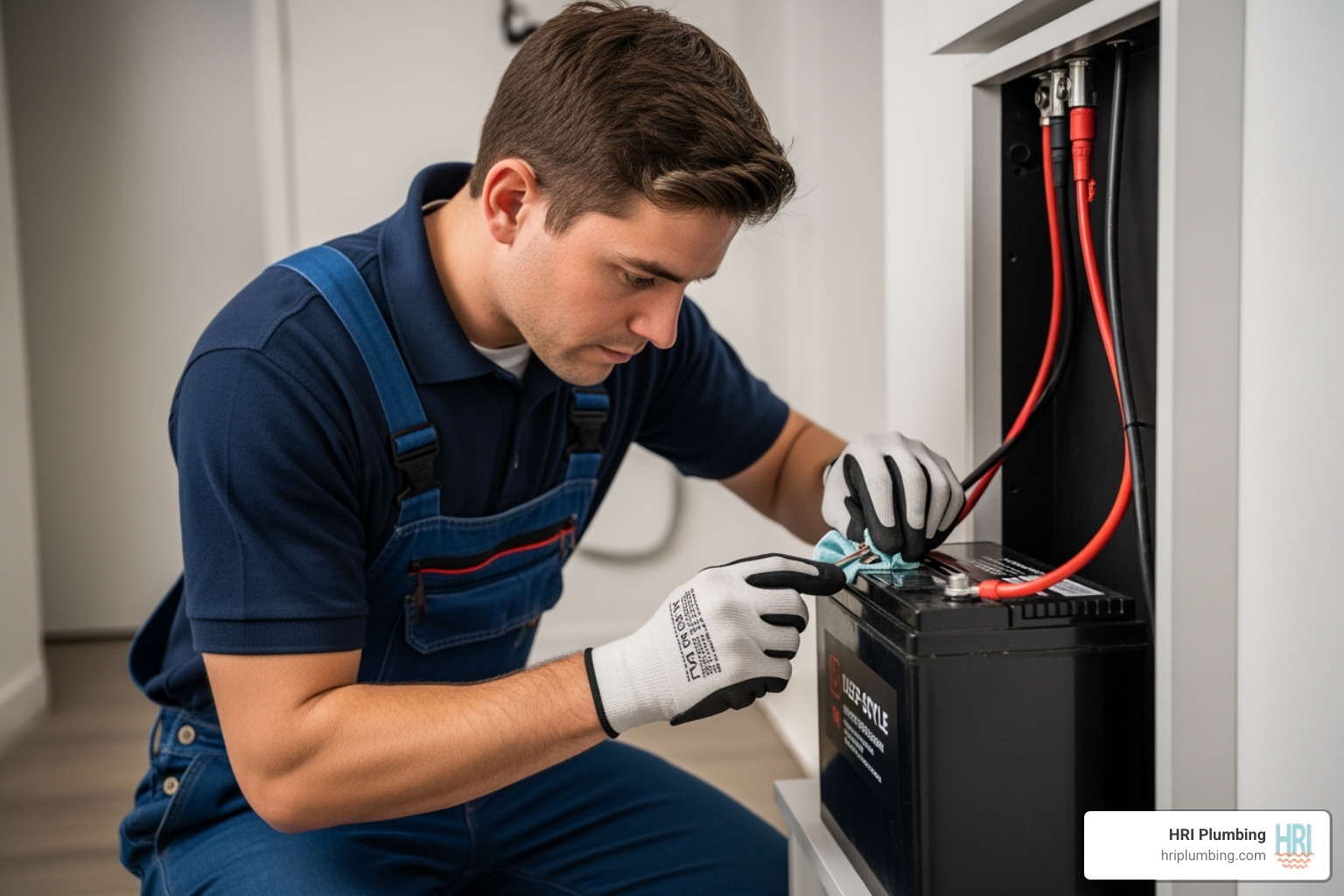 Technician performing maintenance on a sump pump battery - sump pump backup system jacksonville Technician performing maintenance on a sump pump battery - sump pump backup system jacksonville