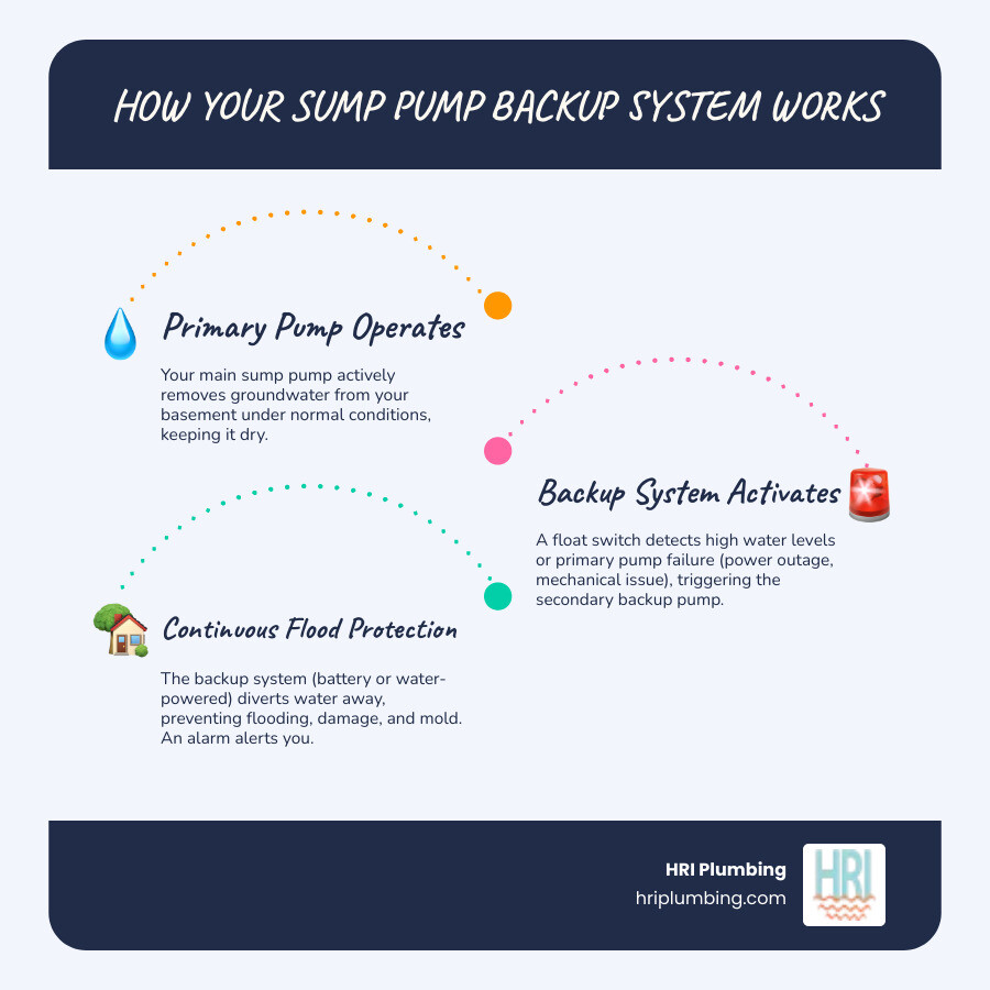 Infographic showing how a sump pump backup system works: primary pump removes water during normal operation, backup pump activates during power outage or primary pump failure, with labels showing battery backup system, water-powered backup option, alarm system, and discharge pipes directing water away from foundation - sump pump backup system jacksonville infographic infographic-line-3-steps-blues-accent_colors Infographic showing how a sump pump backup system works: primary pump removes water during normal operation, backup pump activates during power outage or primary pump failure, with labels showing battery backup system, water-powered backup option, alarm system, and discharge pipes directing water away from foundation - sump pump backup system jacksonville infographic infographic-line-3-steps-blues-accent_colors