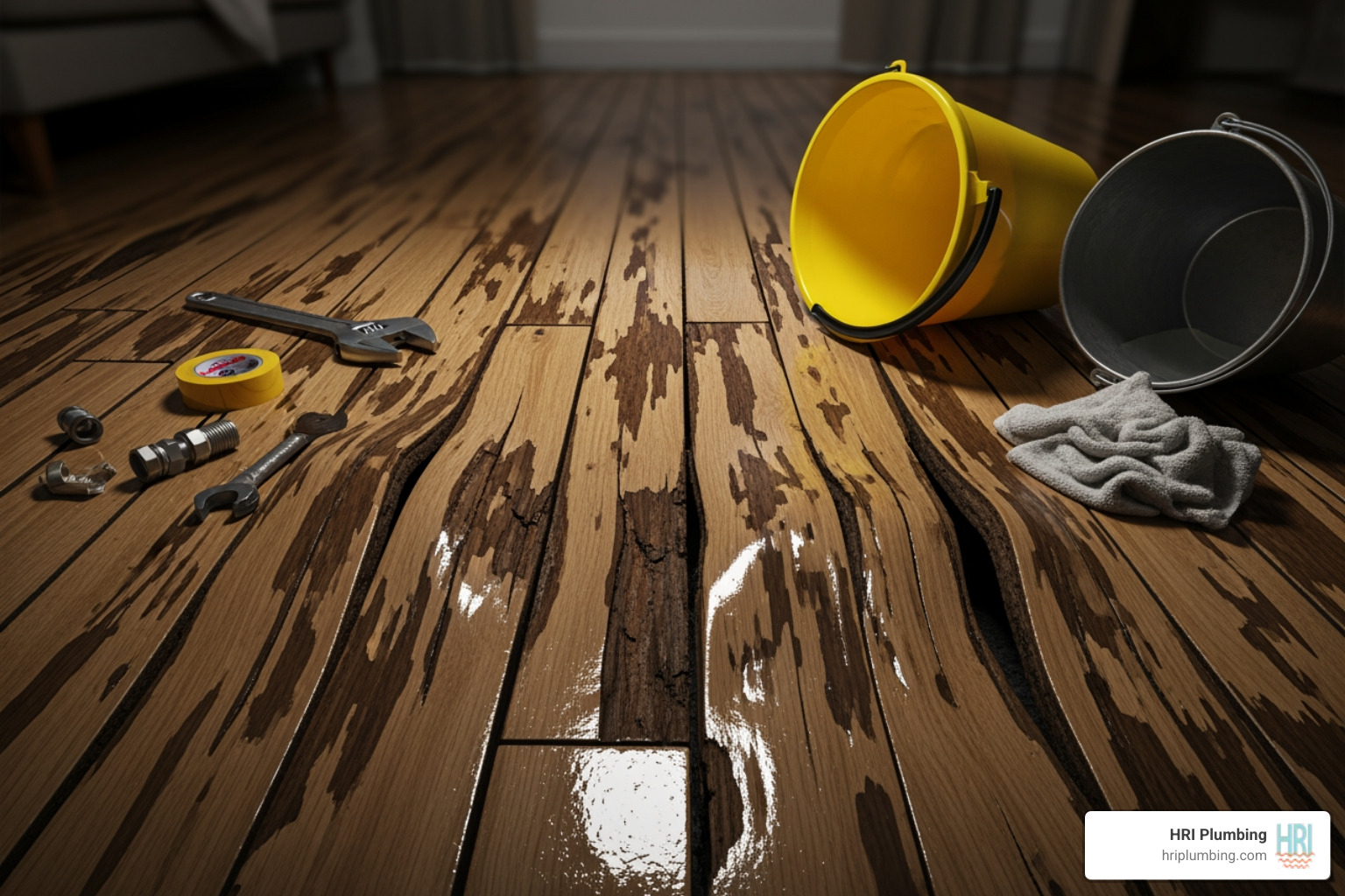 A water-damaged floor from a DIY plumbing mistake, showing the costly consequences of improper installation. - new fixture installation jacksonville A water-damaged floor from a DIY plumbing mistake, showing the costly consequences of improper installation. - new fixture installation jacksonville