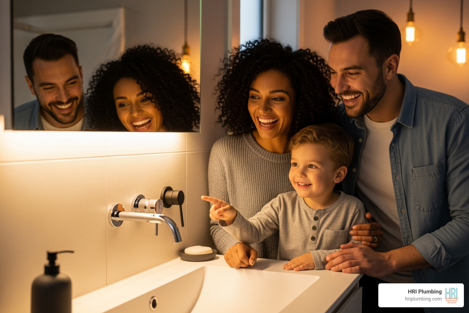 A happy family admiring their new bathroom fixtures, reflecting satisfaction and comfort in their newly upgraded home. - new fixture installation jacksonville A happy family admiring their new bathroom fixtures, reflecting satisfaction and comfort in their newly upgraded home. - new fixture installation jacksonville