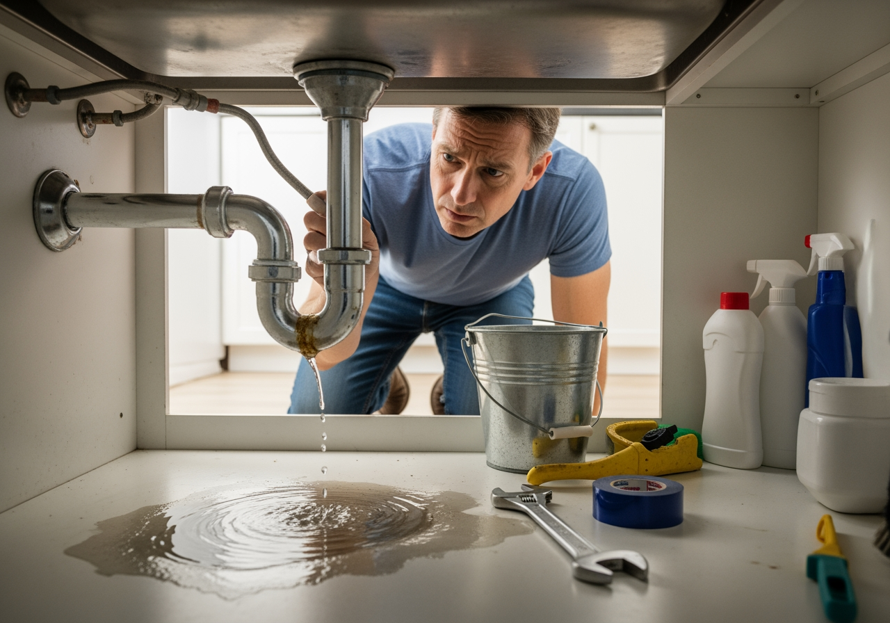 homeowner looking concerned at a leaking pipe under a sink - sink repair springfield il homeowner looking concerned at a leaking pipe under a sink - sink repair springfield il