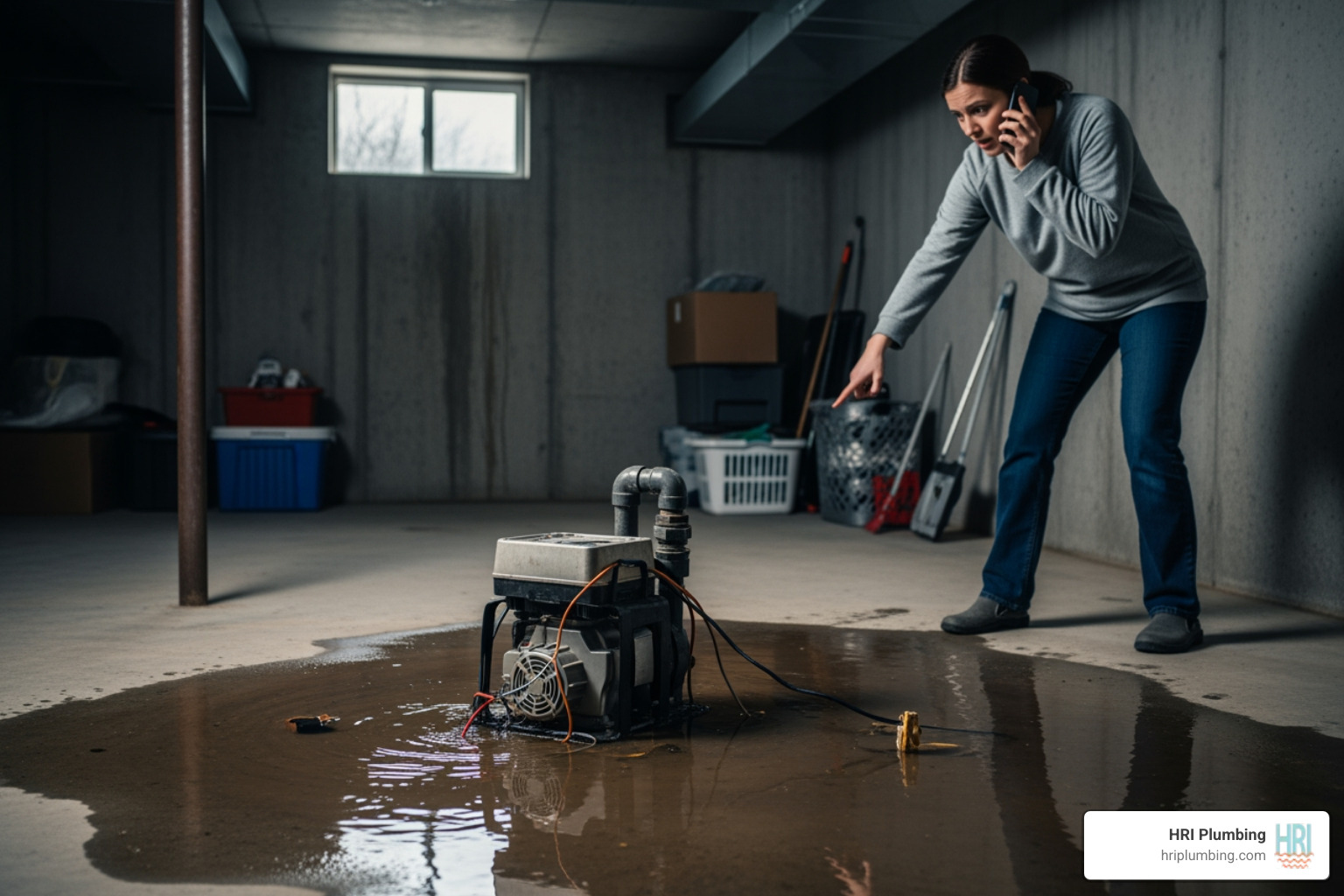 infographic showing emergency steps when sump pump fails: 1. Turn off basement electricity at breaker 2. Move valuables to higher ground 3. Call emergency plumber 24/7 4. Document water damage with photos 5. Remove standing water if safe 6. Do not enter flooded basement with power on - "My sump pump is not working and my basement is starting to get wet. Who can I call for urgent help in Springfield?"