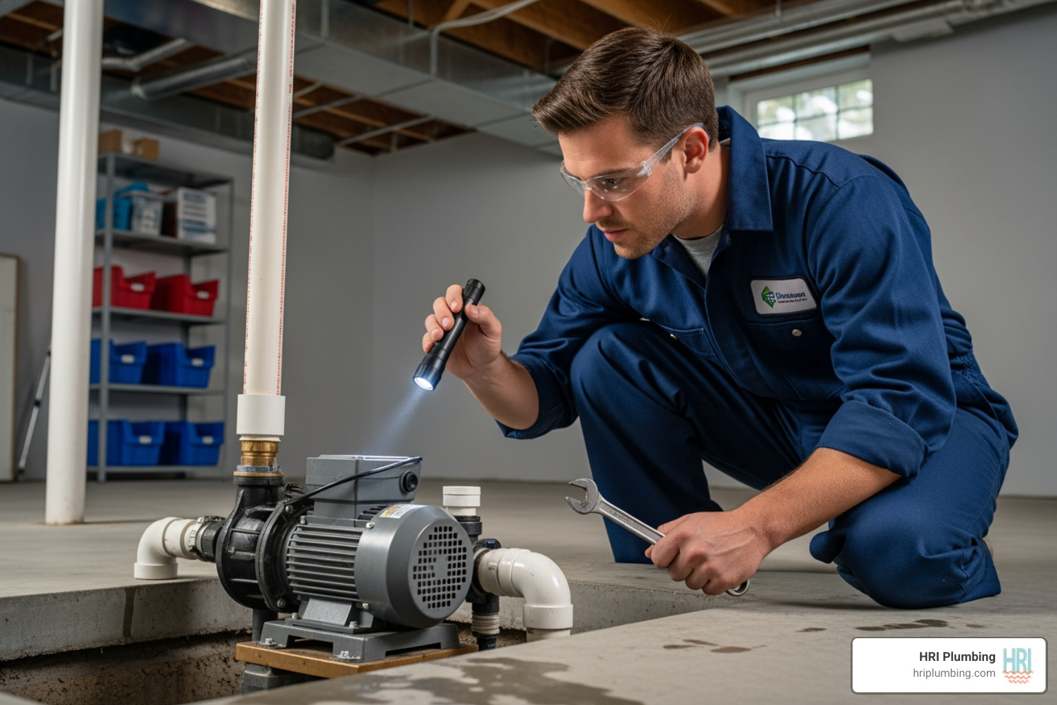 professional technician inspecting sump pump - sump pump maintenance springfield il