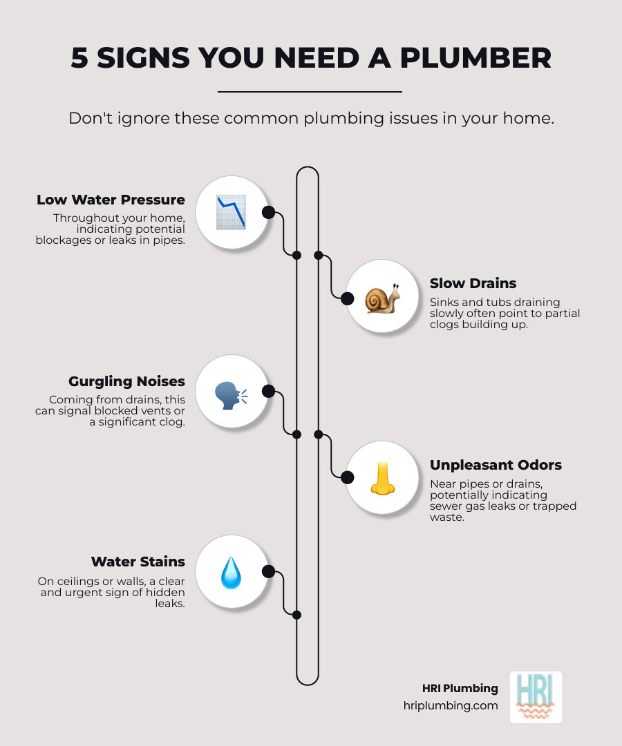 infographic showing five key signs you need a professional plumber: low water pressure throughout the home, slow draining sinks and tubs, gurgling sounds from drains, persistent unpleasant odors near pipes, and water stains on ceilings or walls - "Find a reliable plumber in Springfield, IL with good reviews." infographic infographic-line-5-steps-elegant_beige
