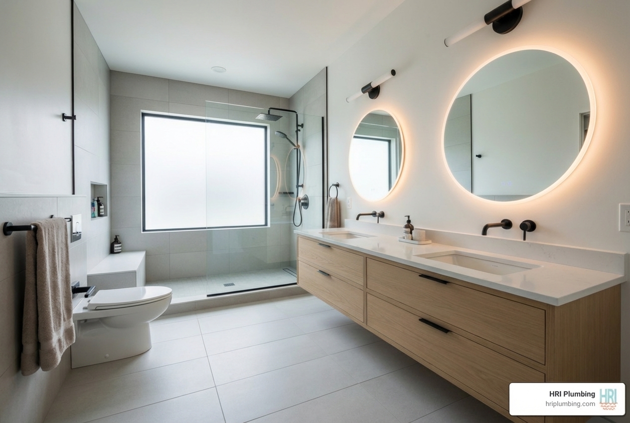 infographic showing bathroom remodeling benefits including 60-70% ROI, improved home value, enhanced functionality with optimized storage and layout, energy efficiency through water-conserving fixtures, and modern design trends like walk-in showers and spa-like amenities - bathroom remodeling in jacksonville, il